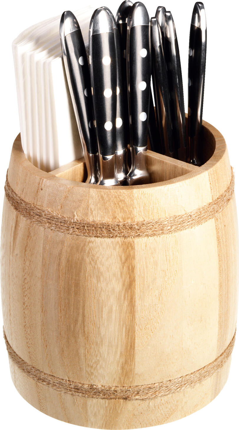 Tava pentru tacuri PULSIVA Barrel, Container Tacuri din Lemn de Pin cu 3 Compartimente si Accente din Coarda, Lac Alimentar Natural, 14.5x13.5 cm