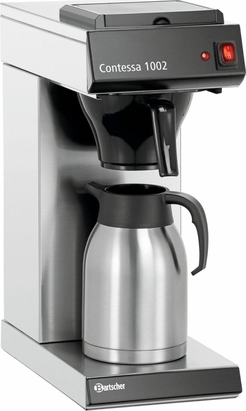 Bartscher Bartscher GmbH Coffee machine Contessa 1002 Kaffeemaschine Contessa 1002 Contessa 1002 Coffee machine Contessa 1002; 2 l, 21.5x52x40 cm (WxHxD); silver Kaffeemaschine Contessa 1002 Contessa 1002; 2 l, 21.5x52x40 cm (BxHxT); silber Coffee machine with thermos jug and hot plate on top. Case made of 18/10 chrome-nickel stainless steel. Filter basket made of plastic. Double insulated jug, made of matted 18/0 chrome stainless steel, with plastic head and one hand automatic, not dishwashersafe. Suitable for continuous use. With separate on/off switch for the hot plate, an on/off switch for the coffee machine and a heat-up indicator light. Brewing time per pot about 8 minutes. Minimum brewing quantity is 0.5 liters. Including thermos jug. Two years warranty. Connected load: 2 kW / 230 V; Capacity jug: 2 liters; ØxH pot cm: 14x25; Hourly capacity: approx. 16 liters; Weight: 6,8 kg. Kaffeemaschine Contessa 1002 – Direktes Ausschenken von frisch gebrühtem Filterkaffee Korbfilter-Kaffeemaschine für Buffets, Caterings und Veranstaltungen. Das Edelstahlheizelement sorgt für gleichmäßige Wärmeübertragung während des Brühvorgangs. Kompakte Bedienung per Kippschalter und klare Kontrollleuchten ermöglichen einfache Handhabung. • Fassungsvermögen: 2 Liter (bis zu 13 Tassen) • Aufbrühzeit: ca. 8 Minuten für 2 Liter; Mindestaufbrühmenge 0,5 Liter • Heizelement: Edelstahl, Leistung Heizelement 1,4 kW • Stromversorgung: 230 V, 50/60 Hz; steckerfertig • Bedienung: Kippschalter; Kontrollleuchten für Betriebsbereit und Ein/Aus • Ausführung: Korbfilter; Material Gehäuse Edelstahl und Kunststoff • Inklusive: 1 Isolierkanne, Edelstahl • Maße (B×T×H): 215 × 400 × 520 mm; Gewicht: 6,5 kg • Farbe: Silber, Schwarz • Funktionen: Keine Warmhaltefunktion; kein Entkalkungssignal Die Contessa 1002 bietet eine praxisnahe Ausstattung zum effizienten Einsatz bei Veranstaltungen und in Selbstbedienungsbereichen.