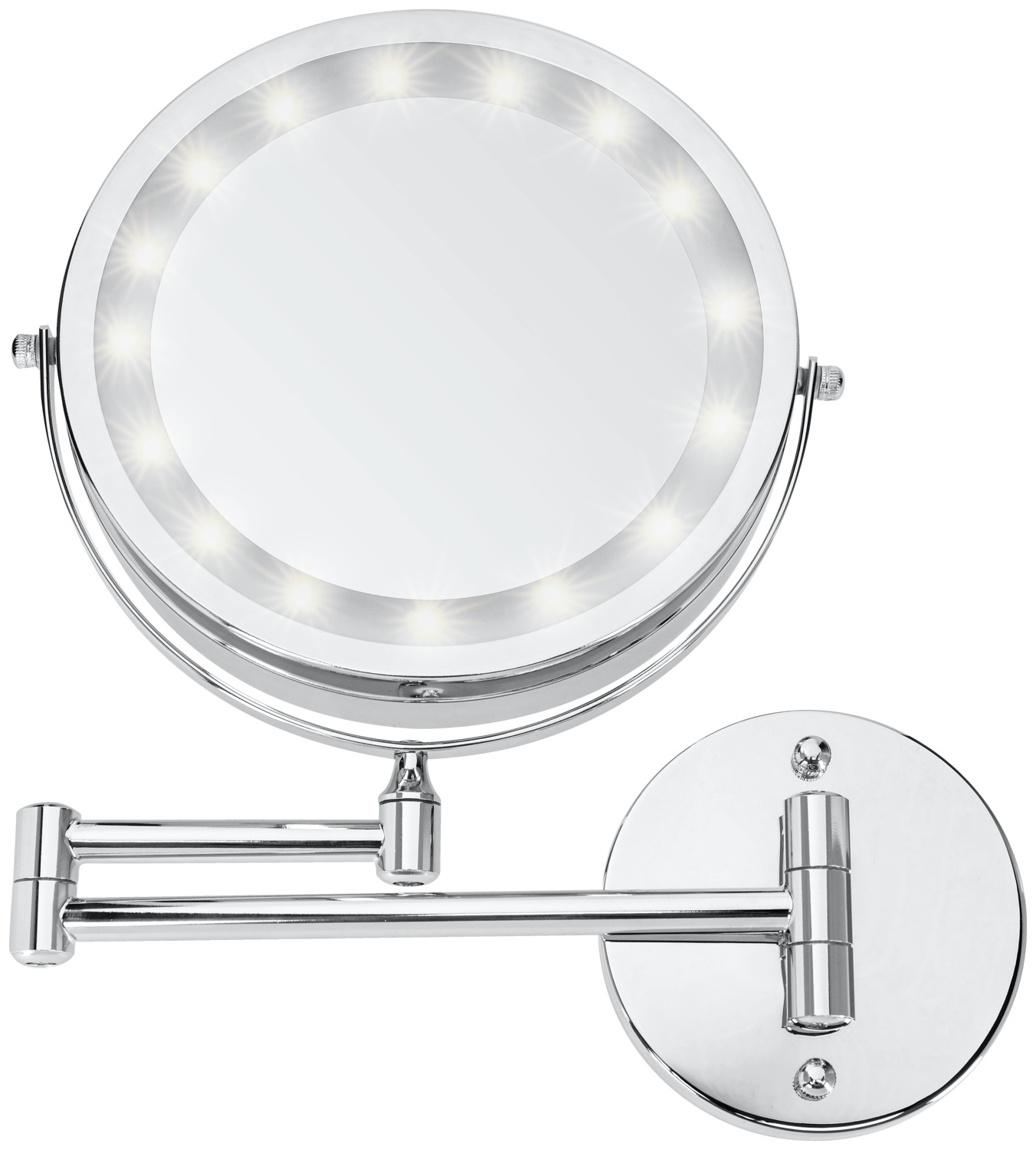 PULSIVA LUSINI Solutions GmbH Magnifying mirror Touch with light Vergrößerungsspiegel Touch mit Licht Magnifying mirror Touch with light; 31x23 cm (LxØ); silver; round Vergrößerungsspiegel Touch mit Licht; 31x23 cm (LxØ); silber; rund Round cosmetic mirror made of chrome-plated metal and plastic with efficient LED lighting. For wall mounting. The Ø 18 cm bathroom mirror can be swivelled and extended up to 30 cm. It can also be swivelled, with single and fivefold magnification. Both sides can be brightly illuminated using LED technology, with touch function.  Suitable for damp rooms. Wall bracket diameter 11 cm. Simple installation, incl. mounting material. Battery requirement 4 x AAA battery 1.5V. Supplied without batteries. Runder Kosmetikspiegel aus verchromtem Metall und Kunststoff mit effizienter LED-Beleuchtung. Für die Wandmontage. Der Badspiegel Ø 18 cm ist schwenkbar und bis 30 cm ausziehbar. Zusätzlich drehbar, mit einfacher und fünffacher Vergrößerung. Beide Seiten können durch LED-Technik hell beleuchtet werden, mit Touch Funktion.  Feuchtraumgeeignet. Durchmesser Wandhalterung 11 cm. Einfache Montage, inkl. Befestigungsmaterial. Batteriebedarf 4 x AAA-Batterie 1,5V. Lieferung erfolgt ohne Batterien.