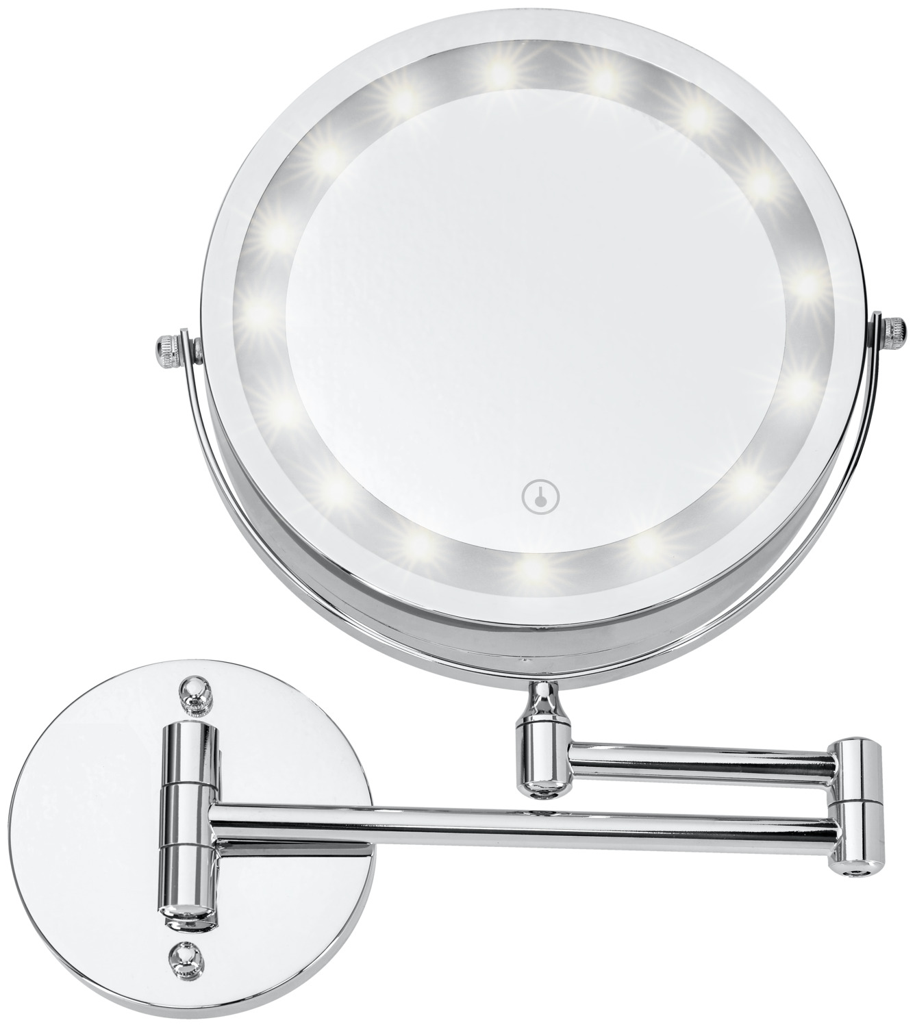 PULSIVA Touch LED Magnifying Mirror, Wall-Mounted Round Silver Chrome-Plated Metal, Double-Sided 1x/5x Magnification, 18cm Mirror, Rustproof