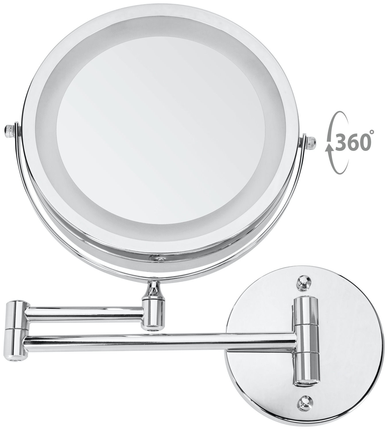PULSIVA Touch LED Magnifying Mirror, Wall-Mounted Round Silver Chrome-Plated Metal, Double-Sided 1x/5x Magnification, 18cm Mirror, Rustproof
