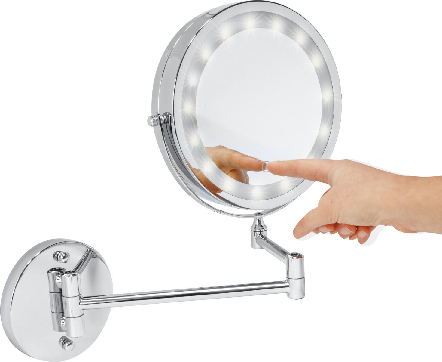 PULSIVA Touch LED Magnifying Mirror, Wall-Mounted Round Silver Chrome-Plated Metal, Double-Sided 1x/5x Magnification, 18cm Mirror, Rustproof