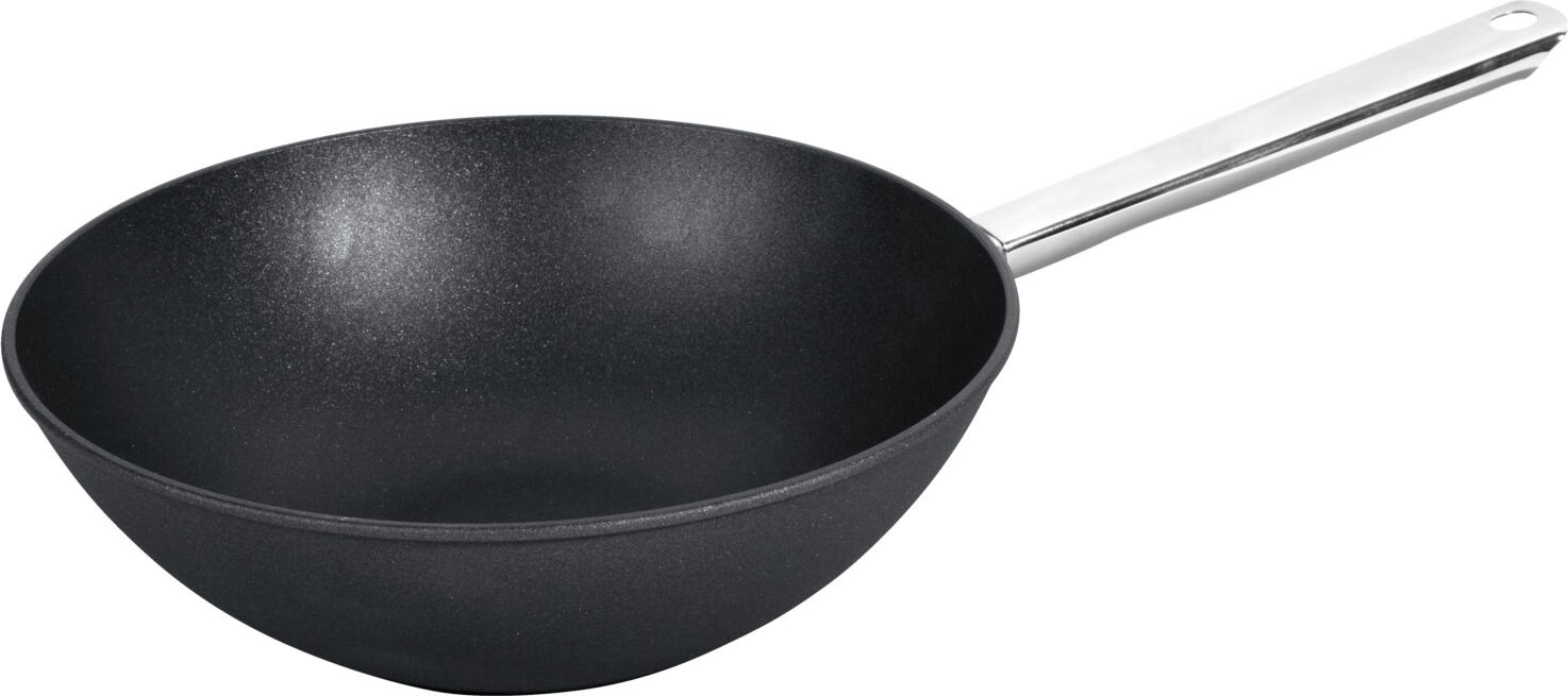 VEGA LUSINI Solutions GmbH Wok Janice Wok Janice Wok Janice; 30x10 cm (ØxH); black; round Wok Janice; 30x10 cm (ØxH); schwarz; rund High-quality swivel and mixing pan made of solid cast aluminium with durable 3-layer PTFE non-stick coating and integrated titanium oxides. The robust design ensures optimum heat distribution, high dimensional stability and excellent non-stick properties. The one-piece, stress-free moulded pan body does not warp, even at high temperatures. The solid stainless steel cold handle sits securely in the hand and does not get hot when used on the hob. The full-surface thermo-induction base made of special ferromagnetic steel with a thickness of approx. 8 mm ensures fast and even heating and efficient energy absorption. Suitable for all hob types, including induction. The titanium non-stick coating enables low-fat cooking and prevents food from sticking. It also makes the pan easier to clean. Product features: * Premium 3-layer PTFE coating with titanium oxides * High-quality cast aluminium body * Suitable for induction, gas, electric, ceramic and halogen hobs * Optimum heat conduction and heat storage * Heat-resistant up to 420 °C * Suitable for ovens up to 250 °C * Suitable for flambéing * Solid stainless steel cold handle Care instructions: For a long service life, we recommend kitchen utensils made of wood, plastic or silicone. Not dishwasher-safe. Scope of delivery: Pan without lid. Hochwertige Schwenk- und Rührpfanne aus massivem Aluminiumguss mit langlebiger 3-Schicht-PTFE-Antihaftbeschichtung und integrierten Titan-Oxiden. Die robuste Konstruktion sorgt für eine optimale Wärmeverteilung, hohe Formstabilität und hervorragende Antihafteigenschaften. Der spannungsfrei in einem Stück gegossene Pfannenkörper verzieht sich auch bei hohen Temperaturen nicht. Der massive Edelstahl-Kaltgriff liegt sicher in der Hand und wird bei der Nutzung auf dem Herd nicht heiß. Der vollflächige Thermo-Induktionsboden aus ferromagnetischem Spezialstahl mit ca. 8 mm Stärke gewährleistet eine schnelle und gleichmäßige Erhitzung sowie eine effiziente Energieaufnahme. Geeignet für alle Herdarten, einschließlich Induktion. Die Titan-Antihaftbeschichtung ermöglicht fettarmes Kochen und verhindert das Anhaften von Speisen. Gleichzeitig erleichtert sie die Reinigung der Pfanne. Produkteigenschaften: * Premium 3-Schicht-PTFE-Beschichtung mit Titan-Oxiden * Hochwertiger Aluminiumguss-Körper * Für Induktion, Gas, Elektro, Ceran und Halogen geeignet * Optimale Wärmeleitung und Wärmespeicherung * Hitzebeständig bis 420 °C * Backofengeeignet bis 250 °C * Zum Flambieren geeignet * Massiver Edelstahl-Kaltgriff Pflegehinweis: Für eine lange Lebensdauer empfehlen wir Küchenhelfer aus Holz, Kunststoff oder Silikon. Nicht spülmaschinengeeignet. Lieferumfang: Pfanne ohne Deckel.