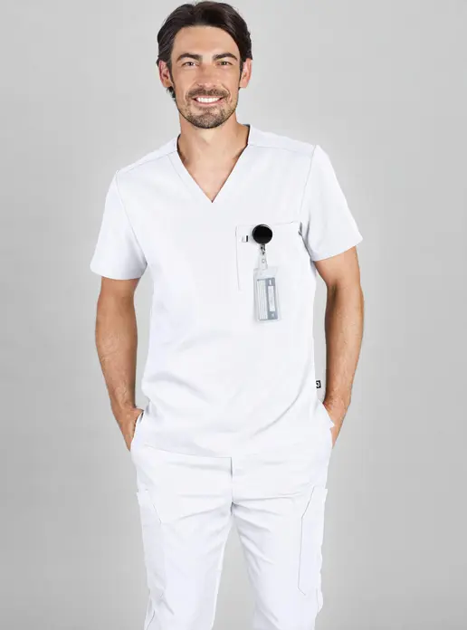 Jobeline Fabriano Men's Tunic, V-Neck Short Sleeve Medical Scrub, Lyocell Tencel and Polyester, Breathable and Skin-Friendly, White