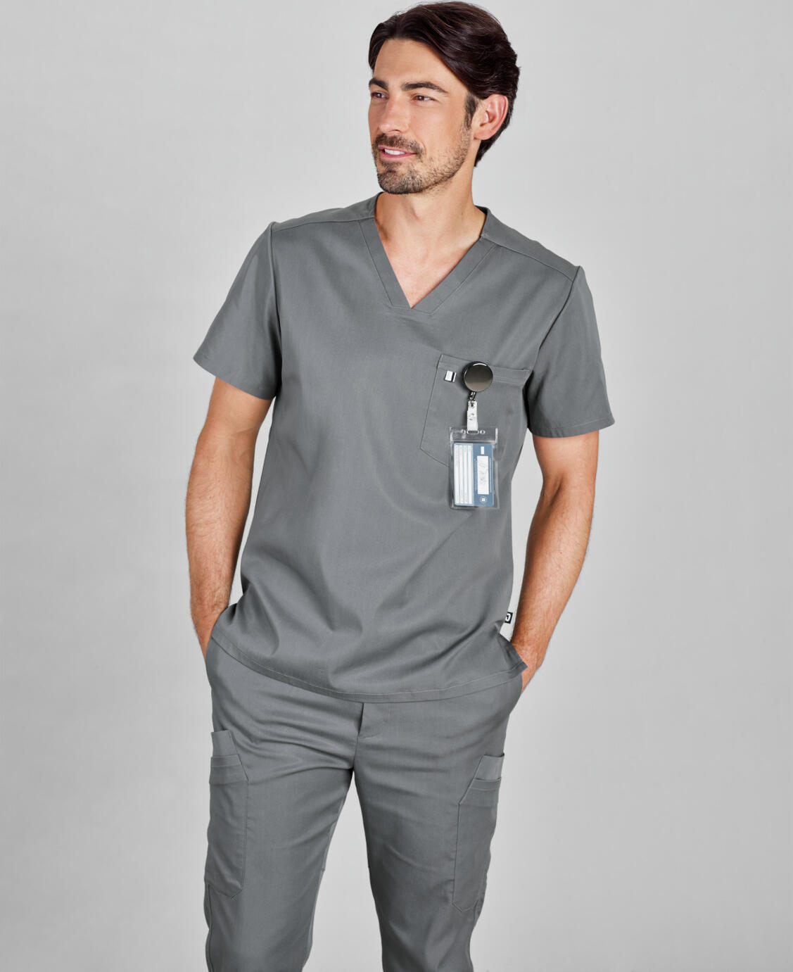 Jobeline Fabriano Men's Medical Scrub Tunic, V-neck Short Sleeve Top, Lyocell Tencel and Polyester, Breathable Cooling Fabric, 1 Breast Pocket