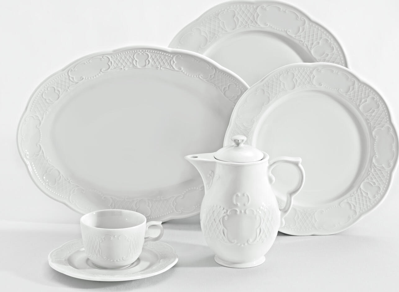 VEGA Menuett Porcelain Milk and Sauce Jug Set of 6, White, 250 ml, Filigree Relief Design, Dishwasher and Microwave Safe
