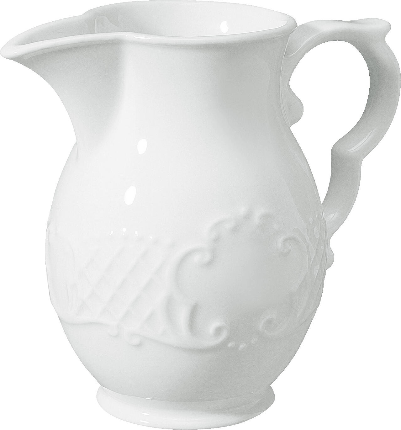VEGA LUSINI Solutions GmbH Milk and sauce jug Menuett with handle Milch- & Saucenkännchen Menuett mit Henkel Milk and sauce jug Menuett with handle; 250 ml, 5.6x9.8 cm (ØxH); white; round; 6 piece / pack Milch- & Saucenkännchen Menuett mit Henkel; 250 ml, 5.6x9.8 cm (ØxH); weiß; rund; 6 Stück / Pack White jug with handle made of porcelain. With filigree relief. Dishwasher safe and microwaveable. Weißer Gießer mit Henkel aus Porzellan. Mit filigranem Relief. Spülmaschinenfest und mikrowellengeeignet.