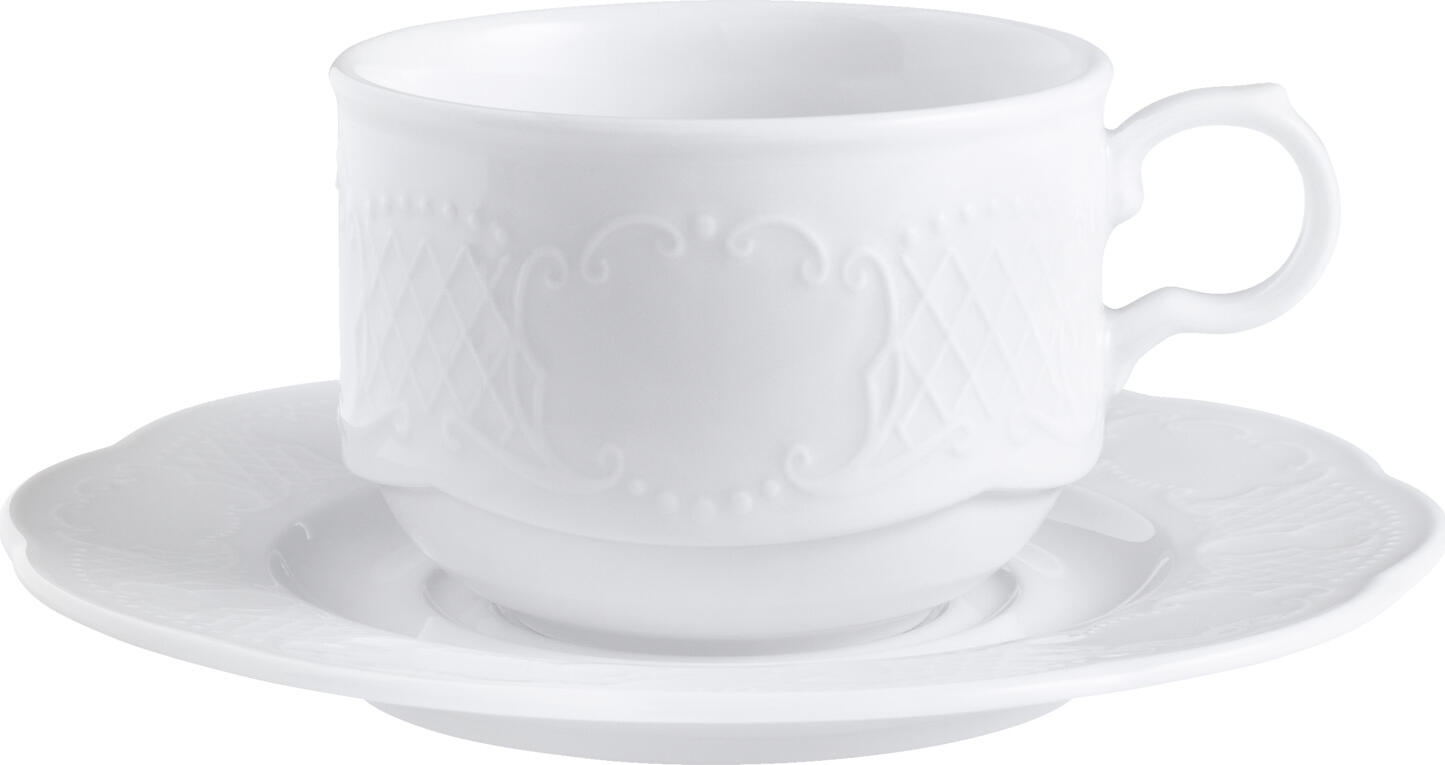 Farfurii de porțelan VEGA Minuett, Design cu relief filigran, Alb, Diametru 17 cm, Compatibile cu mașina de spălat vase și cuptorul cu microunde, Set de 6 piese