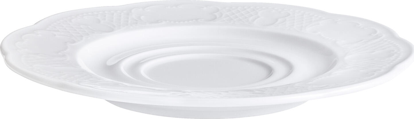 Farfurii de porțelan VEGA Minuett, Design cu relief filigran, Alb, Diametru 17 cm, Compatibile cu mașina de spălat vase și cuptorul cu microunde, Set de 6 piese