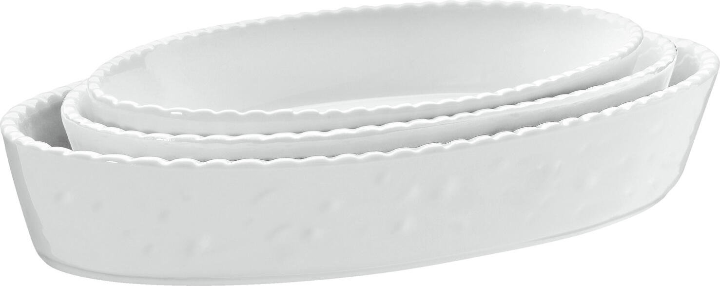 VEGA LUSINI Solutions GmbH Baking dish Kalumi Auflaufform Kalumi Baking dish Kalumi; 650 ml, 23.3x13.2x4 cm (LxWxH); white; oval; 3 piece / pack Auflaufform Kalumi; 650 ml, 23.3x13.2x4 cm (LxBxH); weiß; oval; 3 Stück / Pack White porcelain casserole dish. In different sizes. Textured exterior. Dishwasher safe and microwaveable. Oven safe up to 300   °C. Weiße Auflaufform aus Porzellan. In verschiedenen Größen. Strukturierte Außenseite. Spülmaschinenfest und mikrowellengeeignet. Backofenfest bis 300° C.