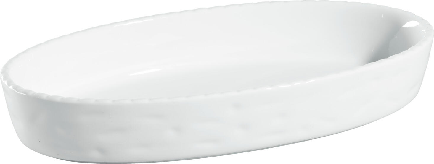 Tava de copt ovala din porcelana alba VEGA Kalumi, 650 ml, 23.3 x 13.2 x 4 cm, exterior texturat ciocanit, margine scallop, rezistenta la cuptor pana la 300C, set de 3 piese