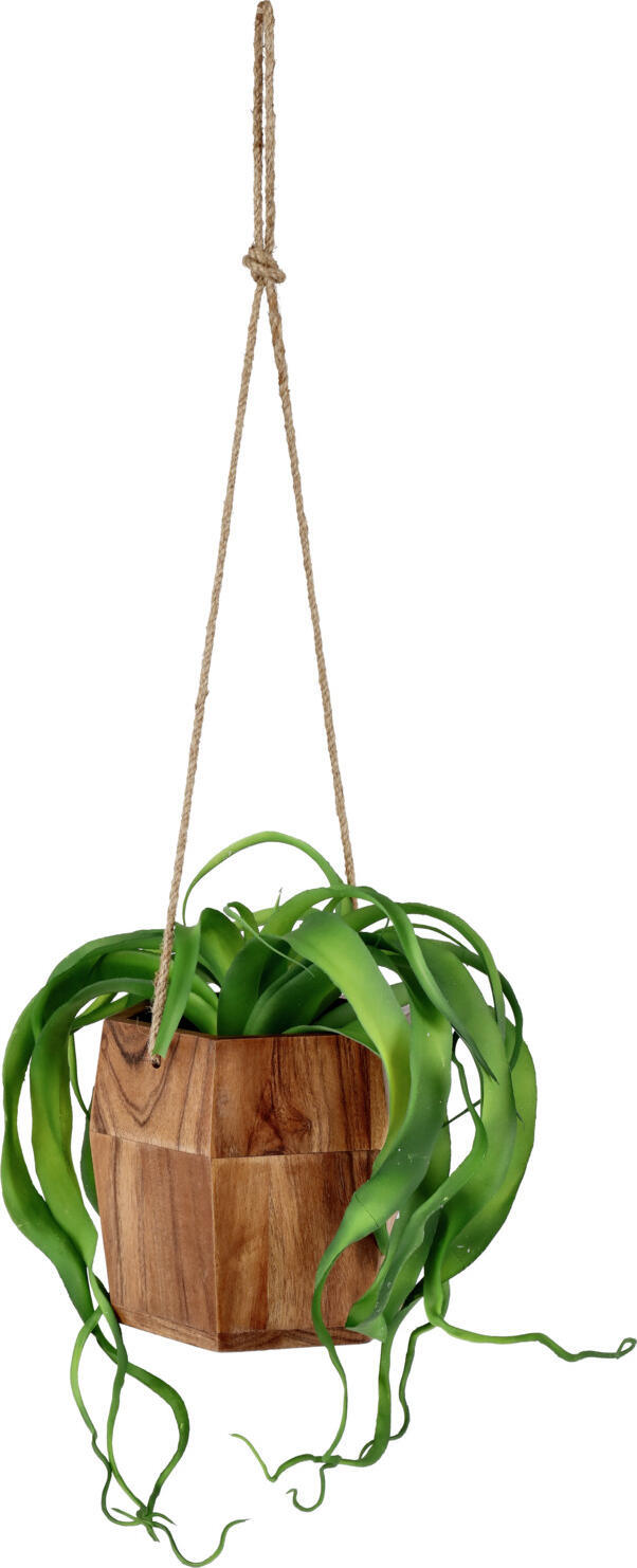 Ghiveci suspendat Vega Bronko, cos basket hexagonal din lemn pentru plante artificiale, maro, 15 x 15 x 15 cm, include scoara suspendare