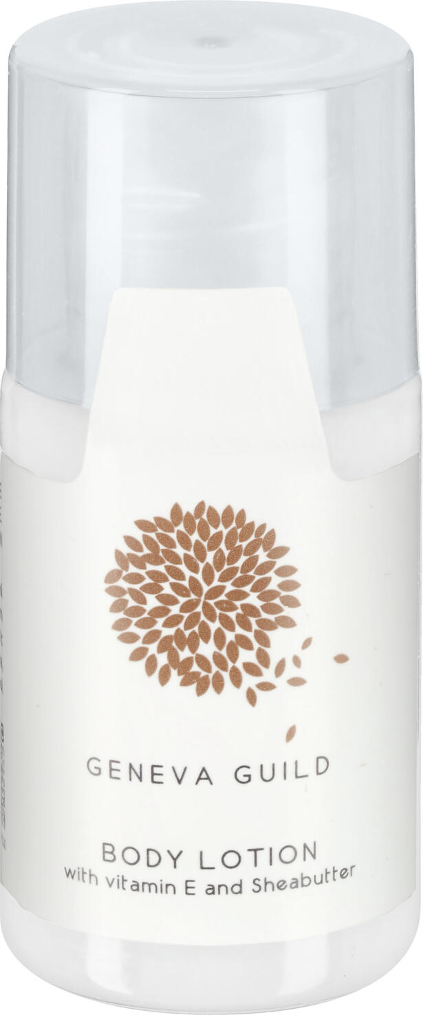V-Touch LUSINI Solutions GmbH Hotel body lotion Geneva Guild Hotel Bodylotion Geneva Guild Hotel body lotion Geneva Guild; 20 ml; white; 400 piece / pack Hotel Bodylotion Geneva Guild; 20 ml; weiß; 400 Stück / Pack Moisturizing and rich body lotion Geneva Guild. Absorbs quickly without stickiness. Gives suppleness to the skin and provides a beautiful complexion. Suitable for all skin types. A fragrant scent provides a delicate and relaxing care experience. The body lotion contains shea butter and vitamin E. Dermatologically tested and pH neutral. Recyclable packaging. Content: 20 ml bottle with screw cap. Feuchtigkeitsspendende und reichhaltige Körperlotion Geneva Guild. Zieht schnell ein, ohne zu kleben. Verleiht der Haut Geschmeidigkeit und sorgt für ein schönes Hautbild. Für alle Hauttypen geeignet. Ein wohlriechender Duft sorgt für ein zartes und entspannendes Pflegeerlebnis. Die Bodylotion enthält Sheabutter und Vitamin E. Dermatologisch getestet und pH-neutral! Recyclingfähige Verpackung. Inhalt: 20 ml Fläschchen mit Schraubverschluss.