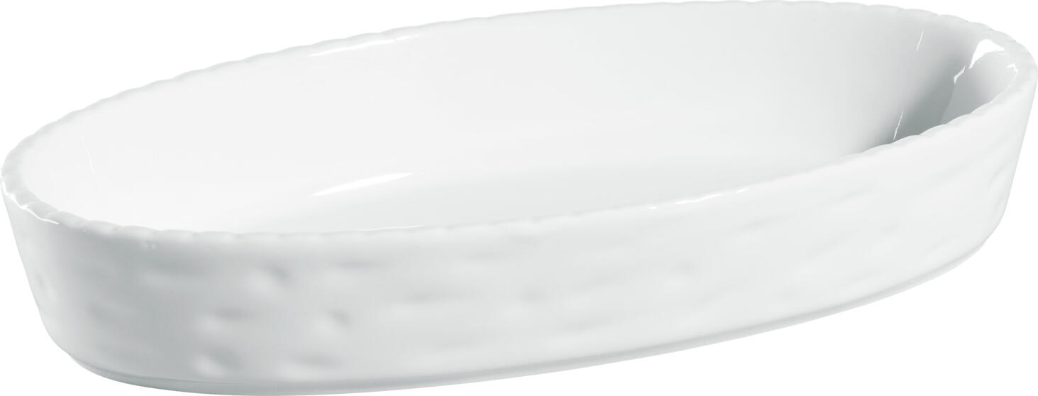 Tava de copt ovala din porcelana alba VEGA Kalumi, 500 ml, 21.5 x 12 x 4 cm, exterior texturat ciocanit, margine scallop, rezistenta la cuptor pana la 300C, set de 3 piese