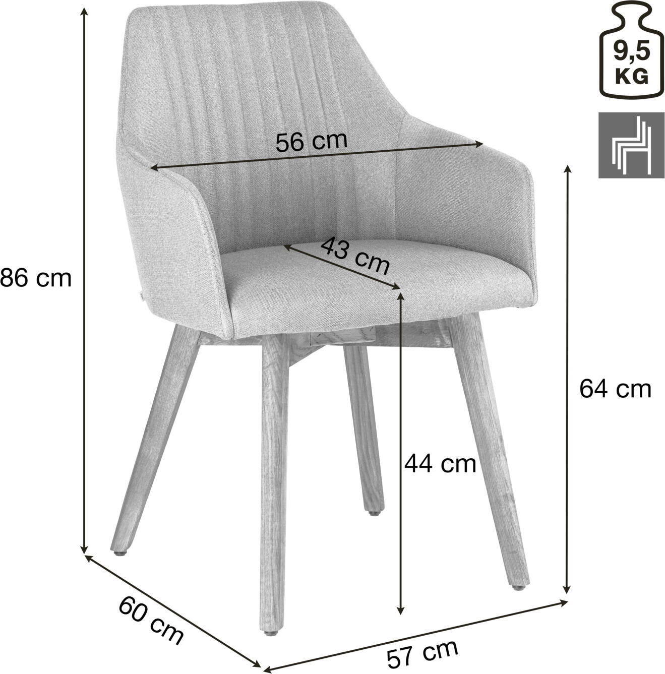 VEGA Arne Armchair Set of 2, Upholstered Light-blue Polyester Fabric, Solid Oiled Oak Frame, 56.5x60x85.5 cm, FSC Certified