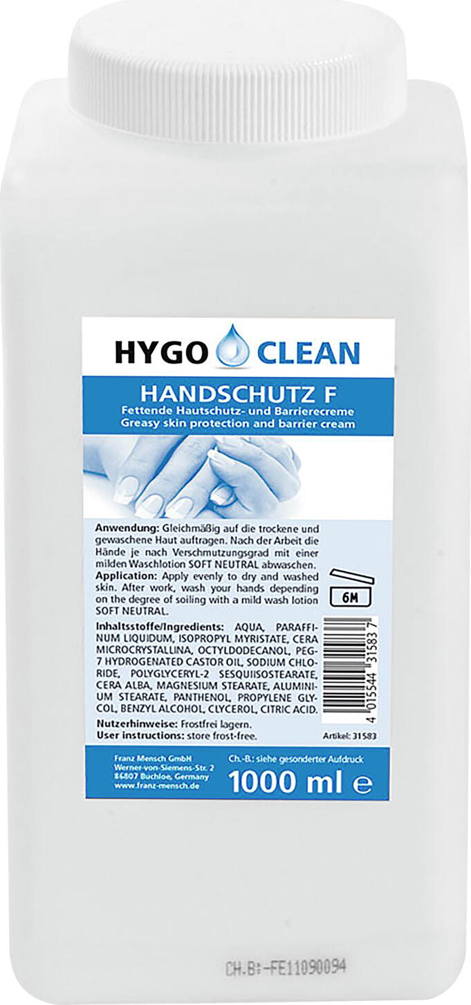 Hygoclean Protection and barrier cream Brenta Schutz- und Barrierecreme Brenta Protection and barrier cream Brenta; 1 l; white Schutz- und Barrierecreme Brenta; 1 l; weiß Ideal for frequent disposable glove wear. Forms a protective film on the skin, reduces heat build-up and softening of the skin. Greasy and silicone-free. With caring substances that promote the closure of small wounds (derma test "very good"). Apply before working in wet areas or before using gloves. Very economical - economical in use. * Protection and barrier cream - before and during work. * Greasy and silicone-free hand protection and barrier cream ideal if you frequently work with disposable gloves * Forms protective film on the skin and reduces heat accumulation and softening of the skin while wearing gloves * With caring substances that promote the closing of small wounds (Derma-Test "very good") Fettende und silikonfreie Schutz- und Barriere-Creme – vor und während der Arbeit. Beruhigt beanspruchte Haut. Ideal für häufiges Einweg-Handschuh tragen. Bildet einen Schutzfilm auf der Haut, verringert Hitzestau und Aufweichen der Haut. Mit pflegenden Substanzen, die das Verschließen kleiner Wunden fördern (Derma-Test „sehr gut“). Zieht sehr schnell ein - spart Zeit und kann auch zwischen Arbeitsgängen aufgetragen werden. Sehr ergiebig – sparsam im Verbrauch.