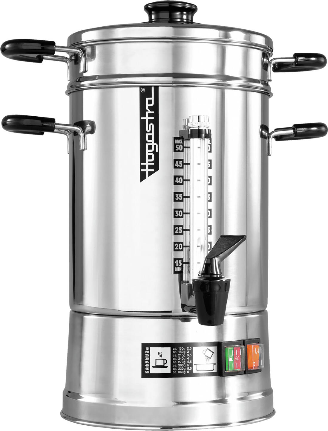 Hogastra Hogastra GmbH Coffee machine CNS-50 Kaffee-Automat CNS-50 Coffee machine CNS-50; 6.5 l, 22x45 cm (ØxH); silver/black Kaffee-Automat CNS-50; 6.5 l, 22x45 cm (ØxH); silber/schwarz Stainless steel coffee brewer CNS 50 for gastronomy & catering - maintenance-free, robust & aromatic Discover the perfect combination of traditional brewing skills and modern durability! Our professional CNS 50 stainless steel coffee brewer has been specially developed for use in commercial kitchens, restaurants, bakeries and catering businesses - for full coffee enjoyment, simple operation and maximum reliability. High quality - for perfect coffee enjoyment The traditional brewing method at 95 °C without pressure build-up guarantees a full, round flavour - just like hand-brewed coffee. Thanks to the constant heat retention temperature of approx. 83 °C, the coffee remains fresh and aromatic for hours - ideal for continuous serving. The CNS 50 is specified for a coffee volume of 2.0 - 6.5 litres. The brewing time for 50 cups is approx. 30 minutes. * Seamless, polished stainless steel container - hygienic, easy to clean and extremely robust. * Maintenance-free: no expensive follow-up costs, no sensitive electronics. * Stable stainless steel appliance base with insulated handles for maximum safety. * Separate heating elements for brewing and keeping warm - efficient and energy-saving. Practical details that make the difference * Double function: brewing and keeping warm in one appliance. * Non-drip tap with level glass - easy to read the remaining quantity. * Internal water level indicator - convenient filling. * Stainless steel top filter with micro-fine filter disc - no filter paper required! * Automatic boil-dry protection and safety thermal limit switch for worry-free operation. * Splash-proof, GS and CE certified - approved for professional commercial kitchen use. * 2-year guarantee and 10-year spare parts supply via our central service centre. Flexible & mobile Thanks to its robust construction and splash-proof design, the coffee brewer can also be used outdoors - perfect for events, buffets or catering. Advantages at a glance: * Maintenance-free & durable * Brewing and keep-warm function in one appliance * No filter papers required * Ideal for gastronomy, commercial kitchens & catering * Safe and mobile Edelstahl-Kaffeebrüher CNS 50 für Gastronomie & Catering – wartungsfrei, robust & aromastark Entdecken Sie die perfekte Kombination aus traditioneller Brühkunst und moderner Langlebigkeit! Unser professioneller Edelstahl-Kaffeebrüher CNS 50 wurde speziell für den Einsatz in Großküchen, Gastronomie, Bäckereien und Cateringbetrieben entwickelt – für vollen Kaffeegenuss, einfache Bedienung und höchste Zuverlässigkeit. Hochwertige Qualität – für perfekten Kaffeegenuss Die traditionelle Brühweise bei 95 °C ohne Druckaufbau garantiert ein volles, rundes Aroma – ganz wie handgebrüht. Dank der konstanten Warmhaltetemperatur von ca. 83 °C bleibt der Kaffee über Stunden hinweg frisch und aromatisch – ideal für den durchgehenden Ausschank. Der CNS 50 ist für ein Kaffeevolumen von 2,0- 6,5 Liter angegeben. Die Brühzeit beträgt für 50 Tassen ca. 30 Minuten. * Nahtlos gezogene, polierte Edelstahl-Behälter – hygienisch, pflegeleicht und extrem robust. * Wartungsfrei: Keine teuren Folgekosten, keine empfindliche Elektronik. * Standsicherer Gerätesockel aus Edelstahl mit isolierten Griffen für maximale Sicherheit. * Separate Heizelemente für Brühen und Warmhalten – effizient und energiesparend. Praktische Details, die den Unterschied machen * Doppelfunktion: Brühen und Warmhalten in einem Gerät. * Non-Drip-Hahn mit Pegelglas – leichtes Ablesen der Restmenge. * Innenliegende Wasserstandsanzeige – komfortables Befüllen. * Edelstahl-Aufsatzfilter mit Micro-Feinfilterscheibe – kein Filterpapier nötig! * Automatischer Trockengehschutz und Sicherheits-Thermoendschalter für sorgenfreien Betrieb. * Spritzwassergeschützt, GS- und CE-zertifiziert – zugelassen für den professionellen Großkücheneinsatz. * 2 Jahre Garantie und 10 Jahre Ersatzteilversorgung über unseren Zentral-Service. Flexibel & mobil Dank der robusten Bauweise und der spritzwassergeschützten Ausführung ist der Kaffeebrüher auch im Freien einsetzbar – perfekt für Events, Buffets oder Catering. Vorteile auf einen Blick: * Wartungsfrei & langlebig * Brüh- und Warmhaltefunktion in einem Gerät * Keine Filterpapiere nötig * Ideal für Gastronomie, Großküche & Catering * Sicher und mobil