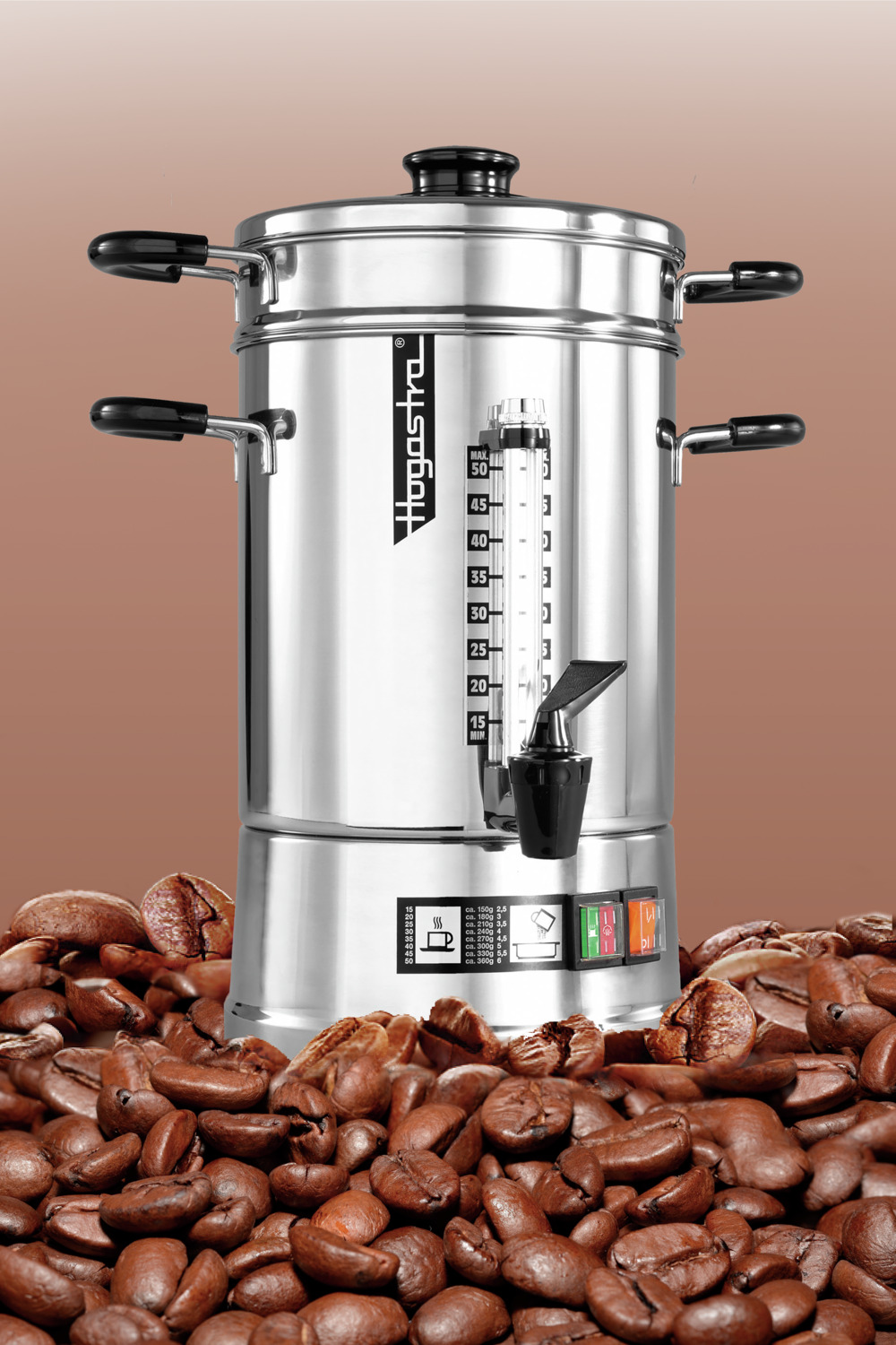 Hogastra CNS-50 Stainless Steel Coffee Brewer for Catering, 15-50 Cups, 2.0-6.5L Capacity, 1600W, with Permanent Micro-Fine Filter, Made in Germany