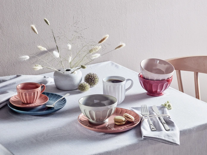 VEGA LUSINI Solutions GmbH Bel Colore Porcelain Mug and Cup Set of 6, Rosé, 190 ml, 55 mm Height, Fluted Ridged Design, Dishwasher and Microwave Safe