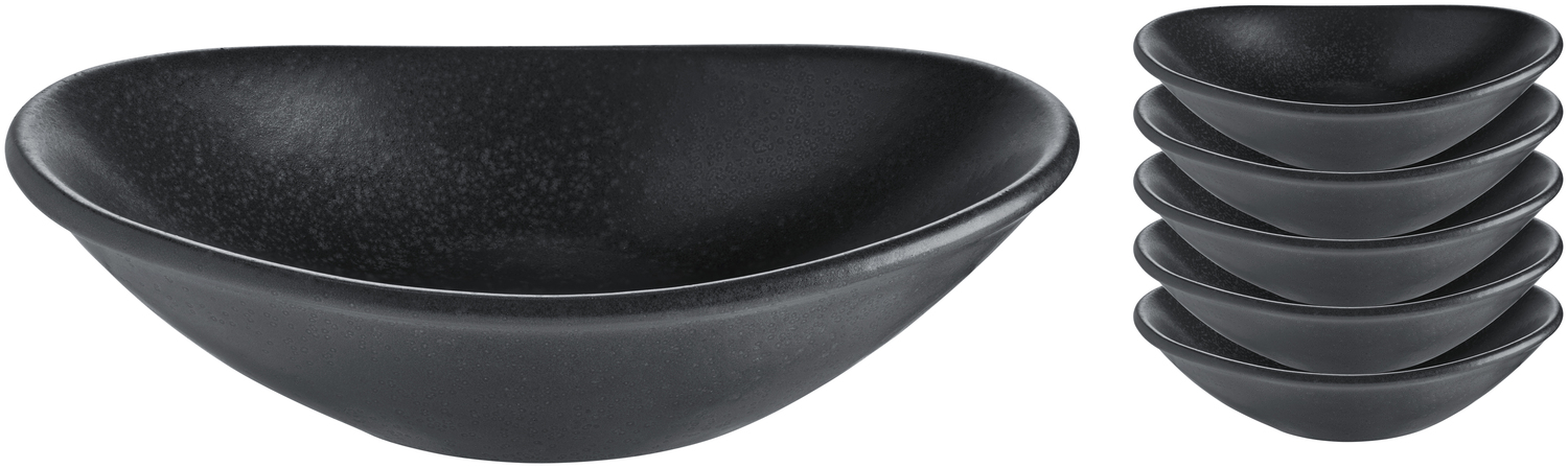Set de 6 boluri mici ovale VEGA Masca din porțelan, glazură negru mat, 75ml, 11x7x2.7 cm, rezistente la mașina de spălat vase și cuptor cu microunde