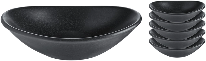 Set de 6 boluri mici ovale VEGA Masca din porțelan, glazură negru mat, 75ml, 11x7x2.7 cm, rezistente la mașina de spălat vase și cuptor cu microunde