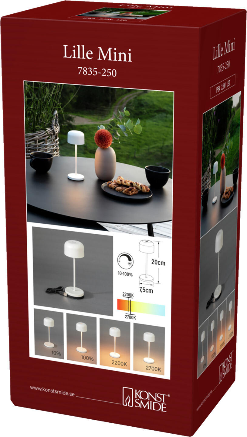 Konstsmide Lille Mini 7835-250 Wireless LED Table Lamp, IP54 Weatherproof Indoor Outdoor, USB Rechargeable, Dimmable Warm White, White