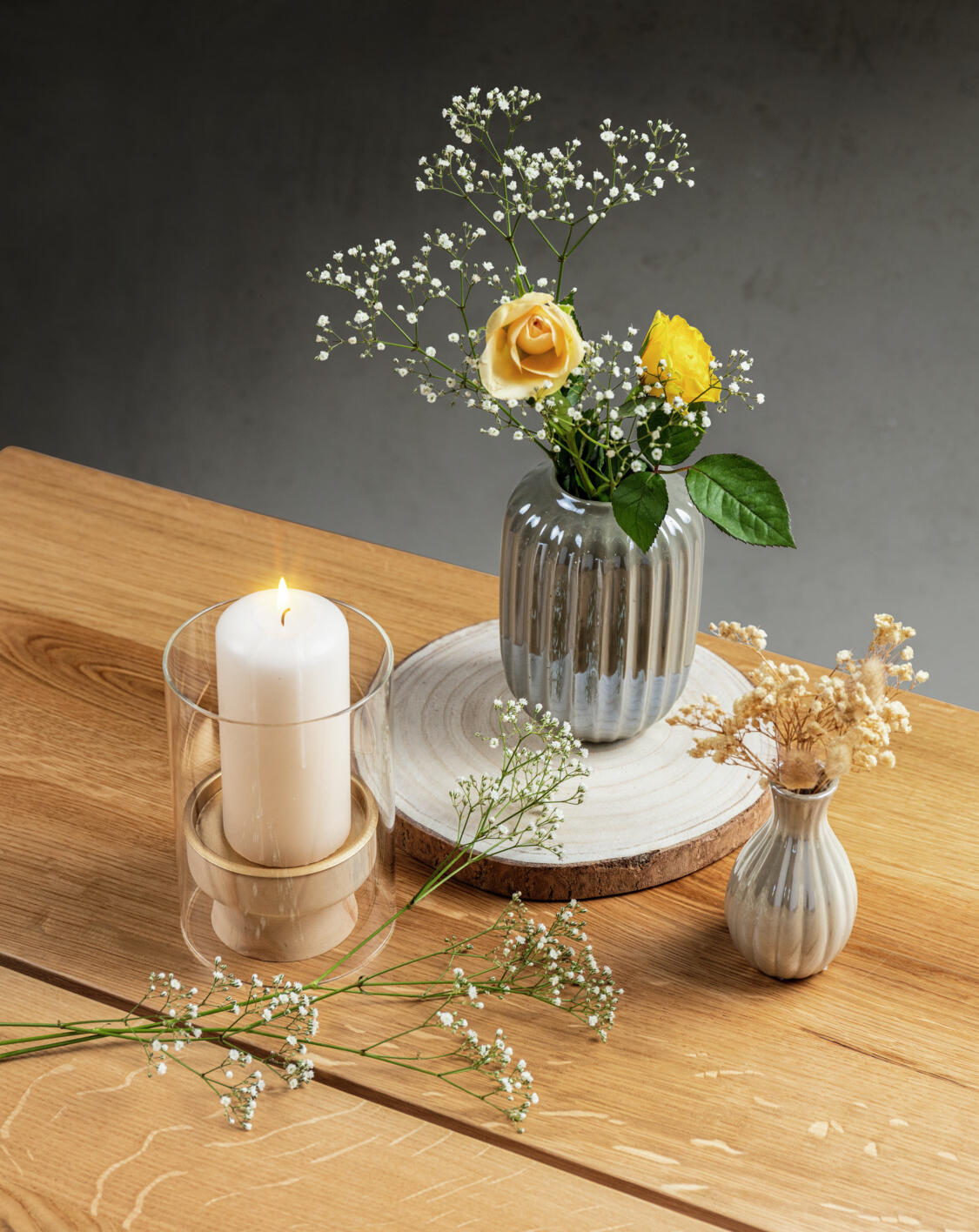 Vega Eno Lantern Set of 2, Glass Cylinder Wind Light with Wooden Base, Round Shape, 10x15 cm, Natural and Transparent