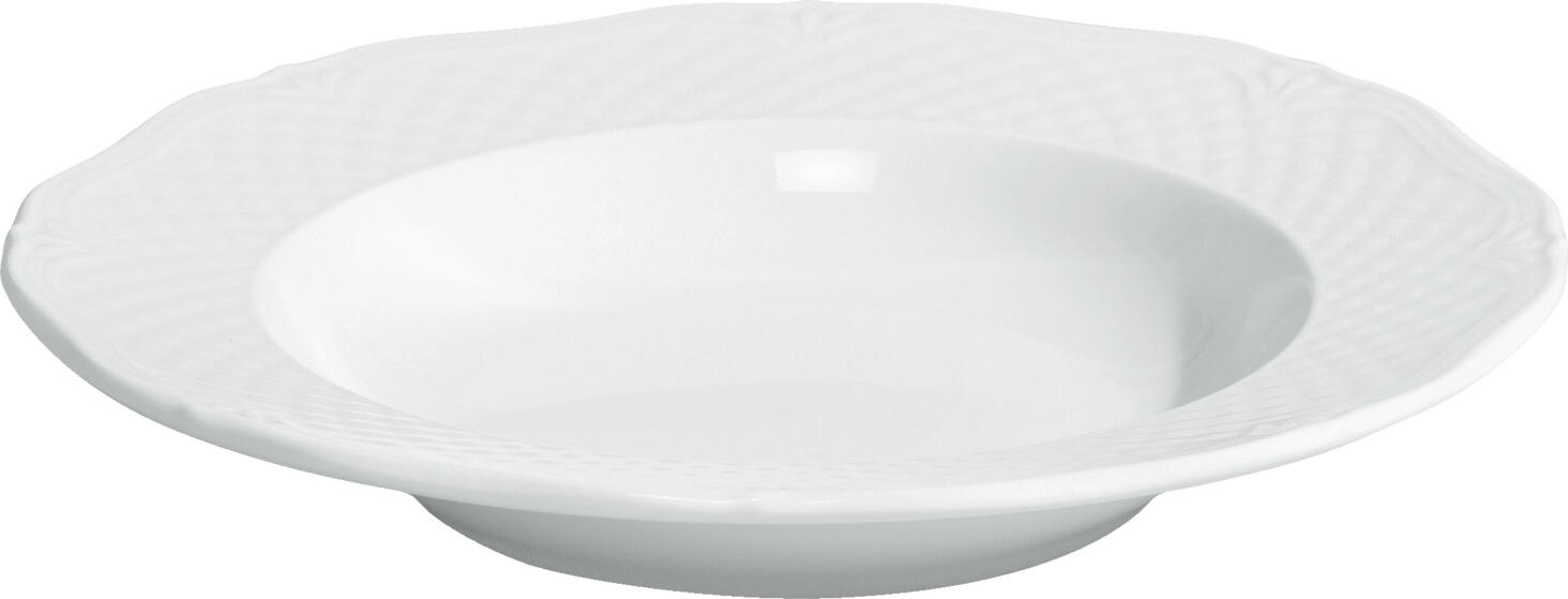 VEGA LUSINI Solutions GmbH Plate Zürich deep Teller Zürich tief Plate Zürich deep; 200 ml, 22.5x3.5 cm (ØxH); white; round; 6 piece / pack Teller Zürich tief; 200 ml, 22.5x3.5 cm (ØxH); weiß; rund; 6 Stück / Pack White plate made of porcelain. With classic elegant relief. Dishwasher safe and microwaveable. Weißer Teller aus Porzellan. Mit klassisch-elegantem Relief. Spülmaschinenfest und mikrowellengeeignet.