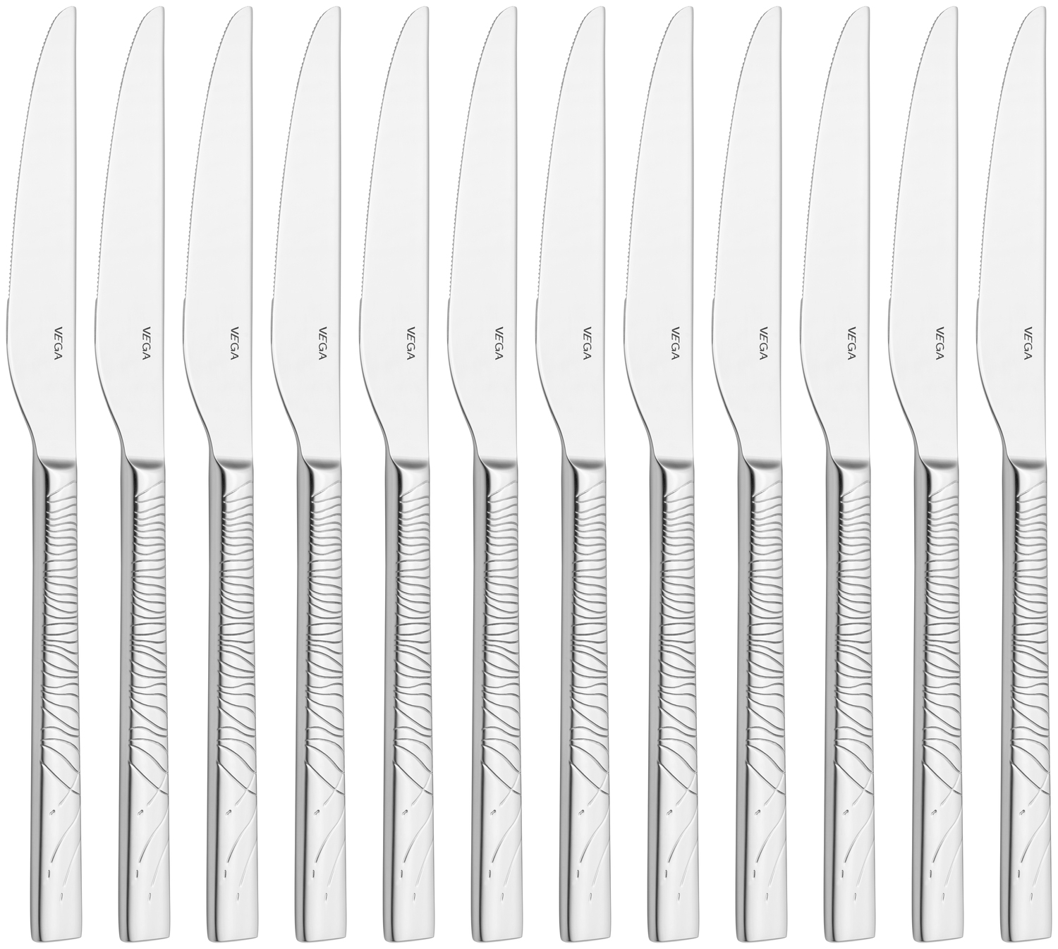 Set de 12 cutite de masa VEGA Monastir, 22.4 cm Otel Inoxidabil Crom 13/0, Polite Mirror cu Relief Decorativ in Forma de Val, Silver