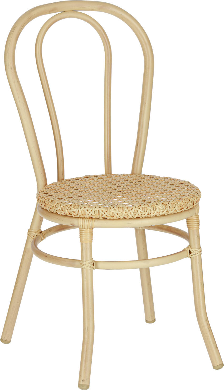 VEGA LUSINI Solutions GmbH Viennese wicker chair Gussago without armrests Wiener Geflecht Stuhl Gussago ohne Armlehne Viennese wicker chair Gussago without armrests; 44x54x91 cm (WxDxH); natural; 2 piece / pack Wiener Geflecht Stuhl Gussago ohne Armlehne; 44x54x91 cm (BxTxH); natur; 2 Stück / Pack Lightweight outdoor chair in wickerwork look. Aluminium frame in wood look, wickerwork made of easy-care polyethylene. Stackable, weatherproof and UV-resistant. Plastic glides included. Suitable for outdoor use. Supplied assembled. Order matching chair with armrests at the same time. Leichter Outdoorstuhl in Wiener-Geflecht Optik. Gestell aus Aluminium in Holzoptik, Geflecht aus pflegeleichtem Polyethylen. Stapelbar, wetterfest und UV-beständig. Inklusive Kunststoffgleiter. Für den Außenbereich geeignet. Lieferung erfolgt montiert. Passenden Stuhl mit Armlehnen gleich mitbestellen.