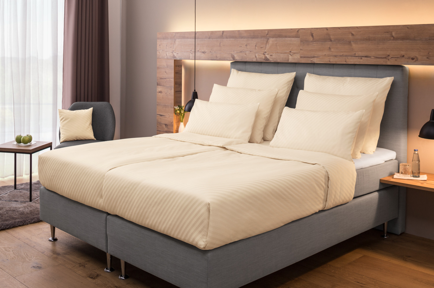 Erwin M. Lusini Rimini Bed Linen, 100% Combed Mercerized Cotton Damask, 220 TC, Diagonal Stripes, 280 cm Width, Champagne Beige Yardware