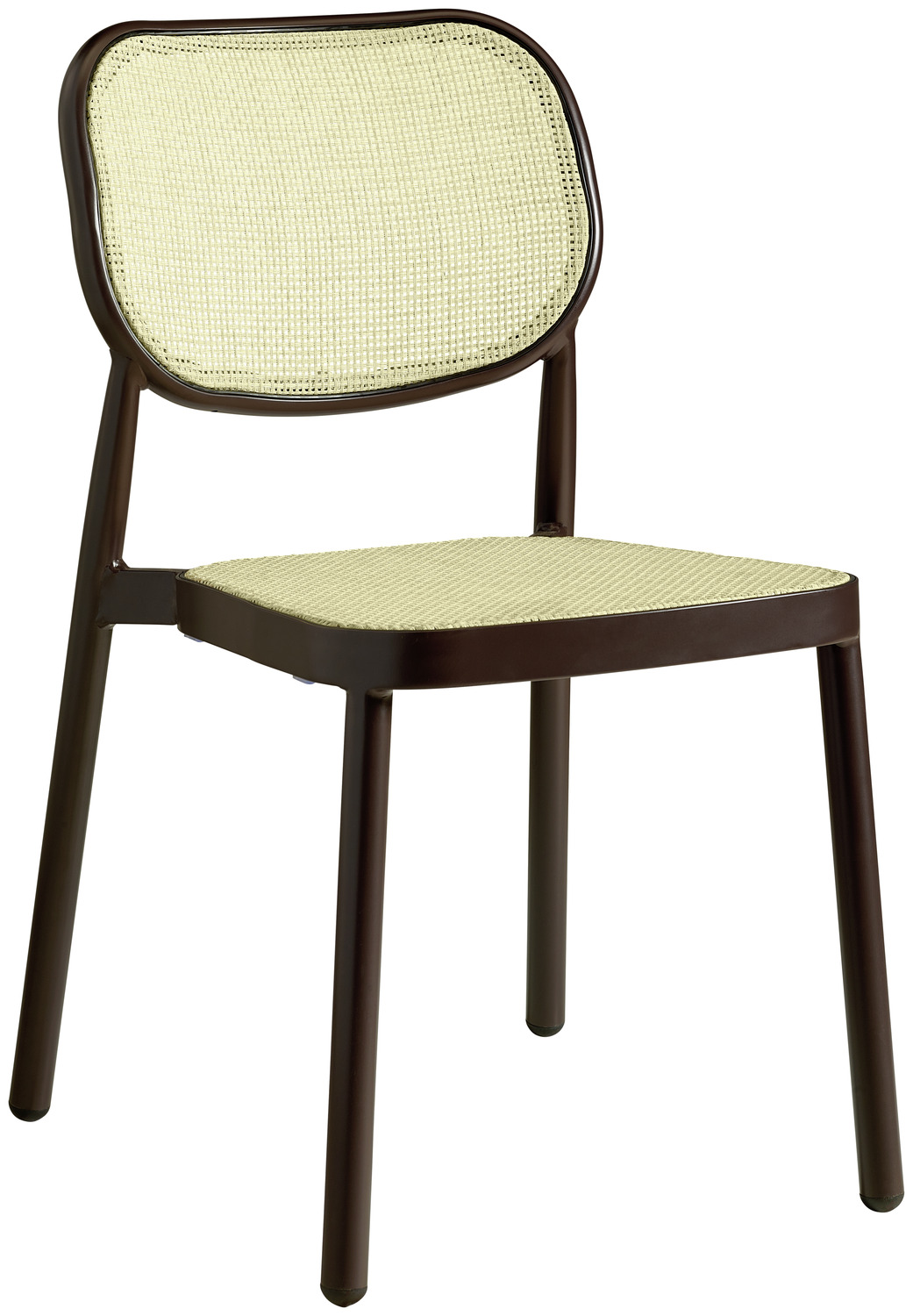 VEGA LUSINI Solutions GmbH Outdoor stacking chair Candia Outdoor Stuhl Candia Outdoor stacking chair Candia; 43x57x82 cm (WxDxH); seat beige, base dark-brown; 2 piece / pack Outdoor Stuhl Candia; 43x57x82 cm (BxTxH); Sitz beige, Gestell dunkelbraun; 2 Stück / Pack Simple outdoor chair in wickerwork look. Powder-coated aluminum frame. Seat and backrest made of hard-wearing polyrattan fabric. Stackable up to five chairs. Suitable for outdoor use. Supplied assembled. Order matching chair with armrests at the same time. Schlichter Outdoorstuhl in Wiener-Geflecht Optik. Gestell aus pulverbeschichtetem Aluminium. Sitz- und Rückenfläche aus strapazierfähigem Polyrattan-Gewebe. Bis zu fünf Stühle stapelbar. Für den Außenbereich geeignet. Lieferung erfolgt montiert. Passenden Stuhl mit Armlehnen gleich mitbestellen.