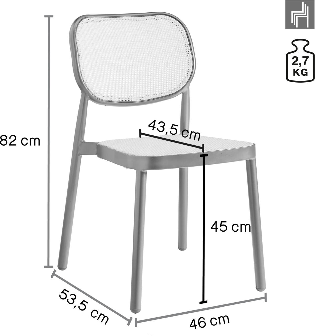 Scaune de exterior stivuibile VEGA Candia, cadru din aluminiu vopsit electrostatic, polirattan, 43x57x82 cm, maro inchis si bej, set de 2 piese