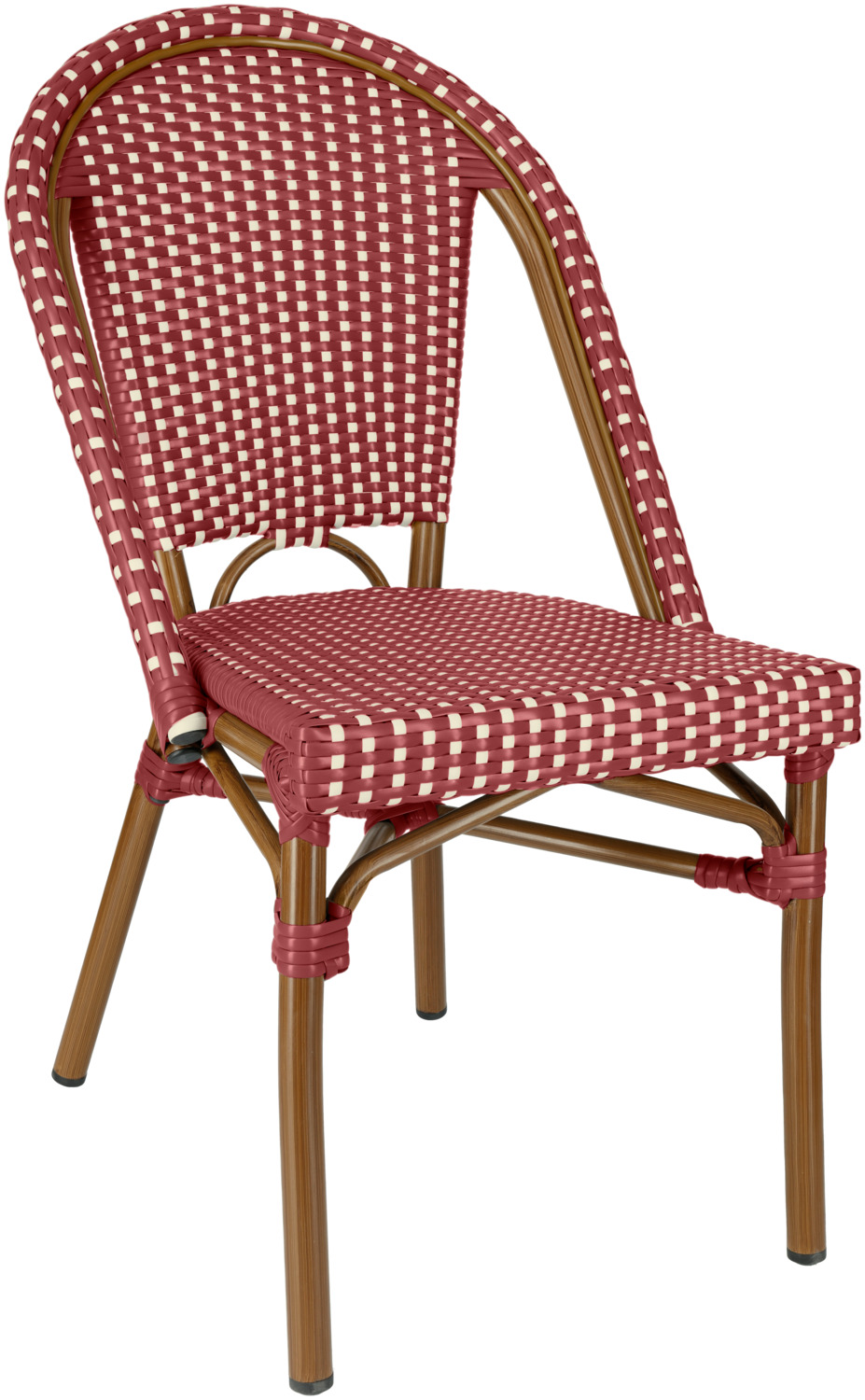 VEGA LUSINI Solutions GmbH Outdoor bistro chair Astoria Outdoor Bistrostuhl Astoria Outdoor bistro chair Astoria; 46x53x87.5 cm (WxDxH); seat red/white, base brown; 2 piece / pack Outdoor Bistrostuhl Astoria; 46x53x87.5 cm (BxTxH); Sitz rot/weiß, Gestell braun; 2 Stück / Pack This high-quality wicker chair for the catering and hotel industry impresses with its stability, durability and modern design. The powder-coated aluminium frame in brown ensures corrosion resistance and a low weight of just 3 kg - ideal for everyday outdoor use. The seat and backrest are made of hard-wearing plastic wicker, which is weatherproof, UV-resistant and easy to clean. The rustproof outdoor chair is perfect for café terraces, beer gardens, restaurants or hotel outdoor areas. Thanks to its tested stability in accordance with EN 1728 and EN 1022, the chair fulfils the highest requirements in the commercial sector. Whether for busy outdoor catering, event areas or hotel terraces - this stackable outdoor catering chair is designed for intensive use. The low weight makes it easy for service staff to move and stack. At the same time, the robust construction ensures a high load capacity of up to 160 kg. Astoria is a durable, weatherproof and stackable wicker chair for professional catering requirements, making it ideal for heavily frequented outdoor areas. Advantages & features: * Weatherproof outdoor chair for patio, garden & catering * Powder-coated aluminium frame - rust-proof & durable * UV-resistant plastic mesh - colour-fast & hard-wearing * Stackable - space-saving storage * Delivered assembled - ready for immediate use * Includes plastic glides - gentle on the floor * Maximum load capacity: 160 kg * Certified according to EN 1728 (stability) and EN 1022 (stability) Dieser hochwertige Geflechtstuhl für die Gastronomie und Hotellerie überzeugt durch Stabilität, Langlebigkeit und modernes Design. Das pulverbeschichtete Aluminiumgestell in Braun sorgt für Korrosionsbeständigkeit und ein geringes Gewicht von nur 3 kg – ideal für den täglichen Einsatz im Außenbereich. Die Sitz- und Rückenfläche besteht aus strapazierfähigem Kunststoffgeflecht, das wetterfest, UV-lichtbeständig und pflegeleicht ist. Der rostfreie Outdoorstuhl eignet sich perfekt für Caféterrassen, Biergärten, Restaurants oder Hotel-Außenbereiche. Dank der geprüften Stabilität nach EN 1728 und EN 1022 erfüllt der Stuhl höchste Anforderungen im gewerblichen Bereich. Ob stark frequentierte Außengastronomie, Eventflächen oder Hotelterrassen – dieser stapelbare Outdoor-Gastronomiestuhl ist auf intensive Nutzung ausgelegt. Das geringe Gewicht erleichtert dem Servicepersonal das Umstellen und Stapeln. Gleichzeitig sorgt die robuste Konstruktion für eine hohe Belastbarkeit von bis zu 160 kg. Astoria ist ein langlebiger, wetterfester und stapelbarer Geflechtstuhl für professionelle Ansprüche in Gastronomie und dadurch ideal für stark frequentierte Außenbereiche. Vorteile & Eigenschaften: * Wetterfester Outdoor-Stuhl für Terrasse, Garten & Gastronomie * Pulverbeschichtetes Aluminiumgestell – rostfrei & langlebig * UV-beständiges Kunststoffgeflecht – farbecht & strapazierfähig * Stapelbar – platzsparende Lagerung * Montiert geliefert – sofort einsatzbereit * Inklusive Kunststoffgleiter – bodenschonend * Maximale Belastbarkeit: 160 kg * Zertifiziert nach EN 1728 (Stabilität) und EN 1022 (Standsicherheit)