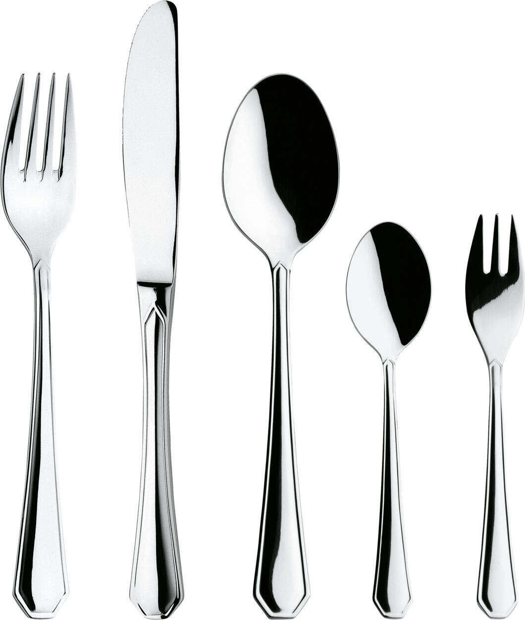 PULSIVA LUSINI Solutions GmbH Sample set of cutlery Tunis Basic 5-piece Mustergarnitur Besteck Tunis Basic 5-teilig Sample set of cutlery Tunis Basic 5-piece; silver, handle silver Mustergarnitur Besteck Tunis Basic 5-teilig; silber, Griff silber Use our sample service. The following samples are included: Table spoon Table fork Table knife Mono. 13/0 Coffee spoon Cake fork Sample items are priced with a nominal charge, if you are not satisfied we will refund the nominal charge. Please contact our customer service. Nutzen Sie unseren Musterservice und bestellen Sie die fünfteilige Mustergarnitur zur unser Besteckserie Tunis Basic . Folgende Muster sind enthalten: Menülöffel Menügabel Menümesser 13/0 Kaffeelöffel Kuchengabel Musterartikel sind mit einer Schutzgebühr bepreist, bei Nichtgefallen erstatten wir Ihnen die Schutzgebühr zurück. Bitte nehmen Sie hierzu Kontakt zu unserem Kundenservice auf.