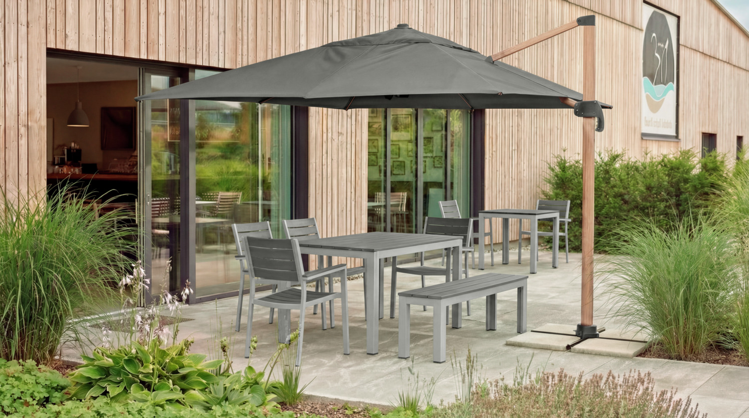 Set de 2 scaune de exterior cu brate PULSIVA Lamero, cadru aluminiu vopsit electrostatic, lame plastic aspect lemn, stivuibile, rezistente la UV