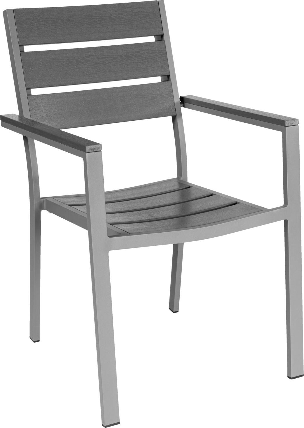 PULSIVA LUSINI Solutions GmbH Chair Lamero with armrests Outdoor-Stuhl Lamero mit Armlehnen Chair Lamero with armrests; 55x60x88.5 cm (WxDxH); seat anthracite, base grey; 2 piece / pack Outdoor-Stuhl Lamero mit Armlehnen; 55x60x88.5 cm (BxTxH); Sitz anthrazit, Gestell grau; 2 Stück / Pack The Lamero chair with armrests combines stability with low weight and thus offers a reliable seating solution for everyday use in the catering sector.  Thanks to its weatherproof material, stackable function and easy-care surface, the chair is ideal for restaurants, cafés, hotels or beer gardens. Its timeless design in a wood look makes it a practical and stylish seating option both on the terrace and indoors. The powder-coated aluminium frame (Ø front 3.8 cm, back 3 cm, material thickness 1.2 mm) ensures stability and easy handling. The seat and backrest are made of 1.5 cm thick plastic slats in a slatted wood look, which are not only resistant to scratches, stains and UV rays, but also imitate visually appealing wood. The Lamero outdoor chair for the catering and hotel industry is stackable and can be stowed away to save space. Plastic floor glides protect sensitive floors, while the tested load capacity of 150 kg and tests in accordance with EN 1728 (stability) and EN 1022 (stability) confirm its reliability in professional use. Another advantage is the low maintenance requirement: the surfaces can be cleaned quickly with a damp cloth, so that the chair remains ready for use at all times. Whether as a patio chair, bistro chair or stackable outdoor chair - Lamero impresses with its versatility. The chair is supplied fully assembled so that it can be used immediately. Advantages and features: * Weatherproof, UV-resistant and easy to clean * Suitable for indoor and outdoor use * Scratch and stain resistant * Stackable for space-saving storage * Plastic floor glides to protect the floor * Load capacity up to 150 kg * Tested in accordance with EN 1728 (stability) and EN 1022 (stability) Der Stuhl Lamero mit Armlehnen verbindet Stabilität mit geringem Gewicht und bietet damit eine zuverlässige Sitzlösung für den täglichen Einsatz im Gastrobereich.  Dank wetterfestem Material, stapelbarer Funktion und pflegeleichter Oberfläche eignet sich der Stuhl ideal für Restaurants, Cafés, Hotels oder Biergärten. Sein zeitloses Design in Holzoptik macht ihn sowohl auf der Terrasse als auch im Innenbereich zu einer praktischen und stilvollen Sitzgelegenheit. Das pulverbeschichtete Aluminiumgestell (Ø vorne 3,8 cm, hinten 3 cm, Materialstärke 1,2 mm) sorgt für Stabilität bei gleichzeitig leichter Handhabung. Sitz- und Rückenfläche bestehen aus 1,5 cm starken Kunststoffleisten in Lattenholz-Optik, die nicht nur widerstandsfähig gegen Kratzer, Flecken und UV-Strahlen sind, sondern auch optisch ansprechendes Holz imitieren. Der Outdoorstuhl Lamero für Gastronomie und Hotellerie ist stapelbar und lässt sich platzsparend verstauen. Kunststoff-Bodengleiter schützen empfindliche Böden, während die geprüfte Tragkraft von 150 kg sowie die Tests nach EN 1728 (Stabilität) und EN 1022 (Standsicherheit) seine Zuverlässigkeit im professionellen Einsatz bestätigen. Ein weiterer Vorteil ist der geringe Pflegeaufwand: Die Oberflächen lassen sich mit einem feuchten Tuch schnell reinigen, sodass der Stuhl jederzeit einsatzbereit bleibt. Ob als Terrassenstuhl, Bistrostuhl oder Outdoorstuhl stapelbar – Lamero überzeugt durch Vielseitigkeit. Die Lieferung erfolgt komplett montiert, sodass der Stuhl sofort verwendet werden kann. Vorteile und Eigenschaften: * wetterfest, UV-beständig und pflegeleicht * geeignet für Innen- und Außenbereich * kratz- und fleckenresistent * stapelbar für platzsparende Lagerung * Kunststoff-Bodengleiter zum Schutz des Bodens * Tragkraft bis 150 kg * geprüft nach EN 1728 (Stabilität) und EN 1022 (Standsicherheit)