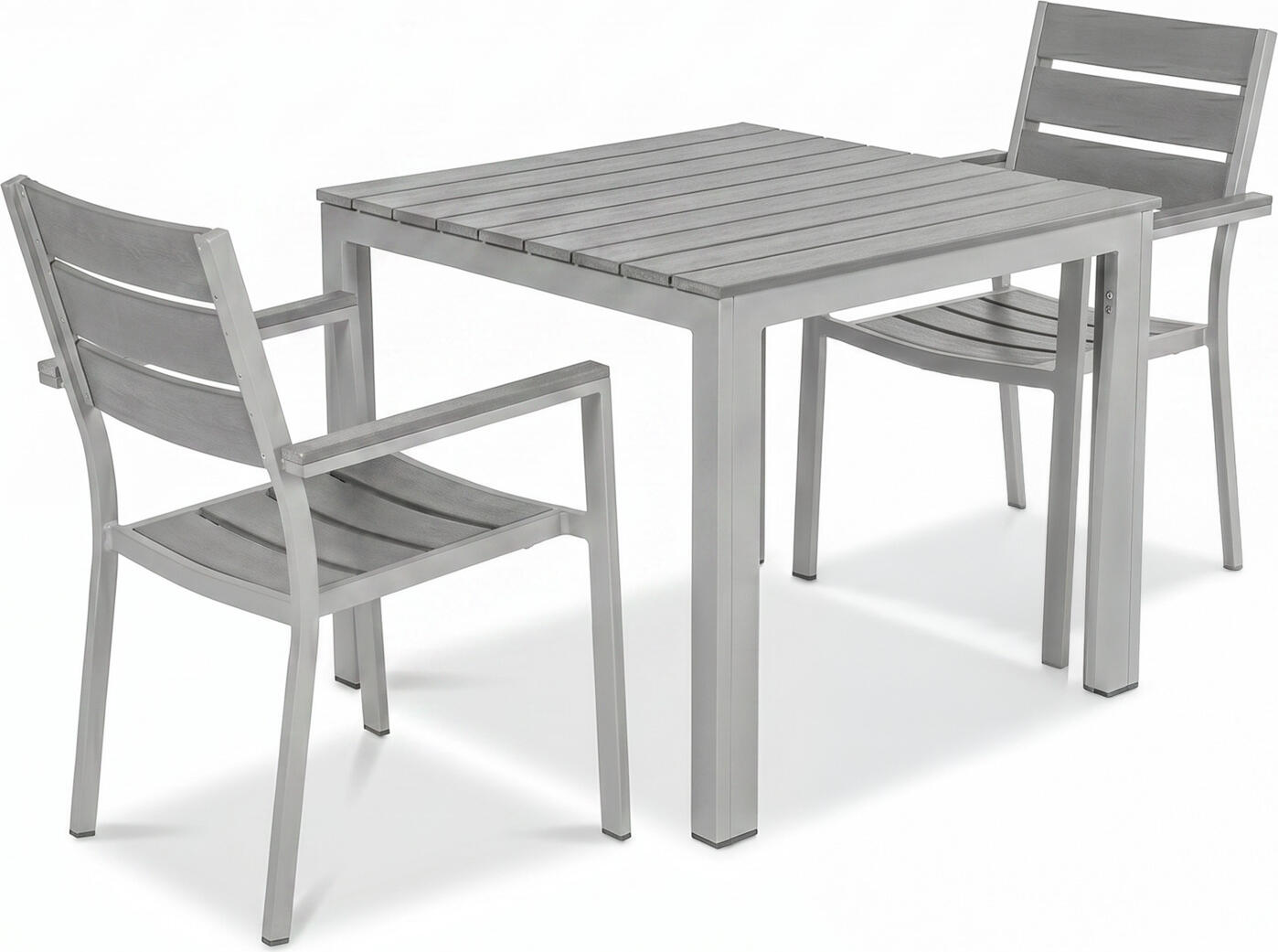 Set de 2 scaune de exterior cu brate PULSIVA Lamero, cadru aluminiu vopsit electrostatic, lame plastic aspect lemn, stivuibile, rezistente la UV