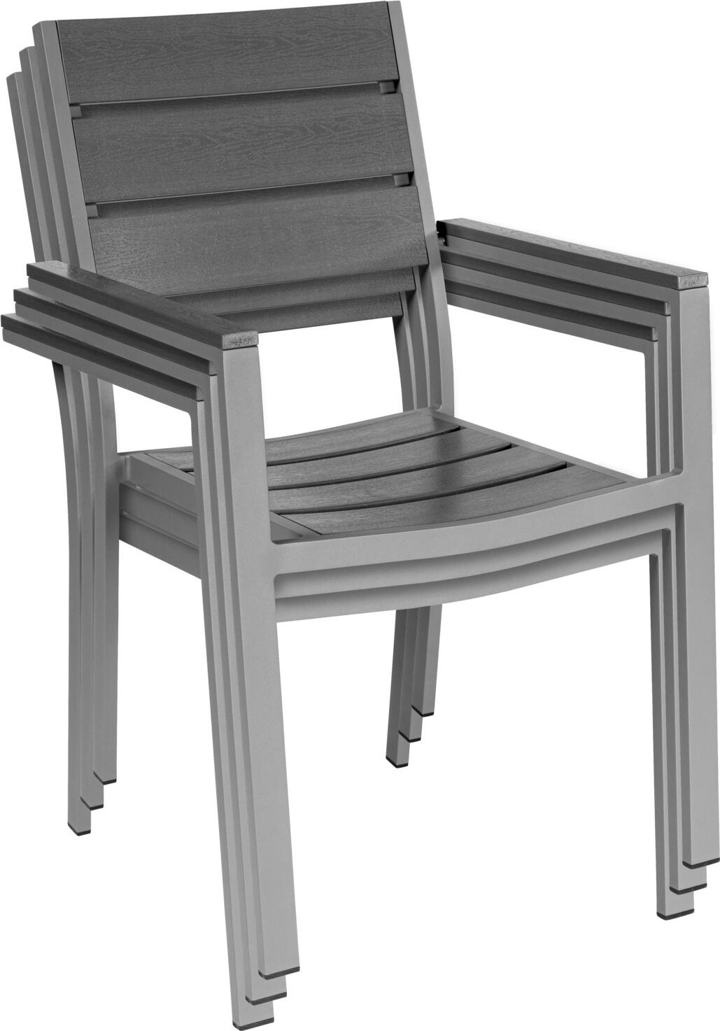 Set de 2 scaune de exterior cu brate PULSIVA Lamero, cadru aluminiu vopsit electrostatic, lame plastic aspect lemn, stivuibile, rezistente la UV