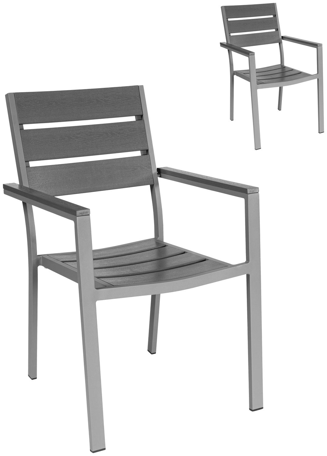 Set de 2 scaune de exterior cu brate PULSIVA Lamero, cadru aluminiu vopsit electrostatic, lame plastic aspect lemn, stivuibile, rezistente la UV