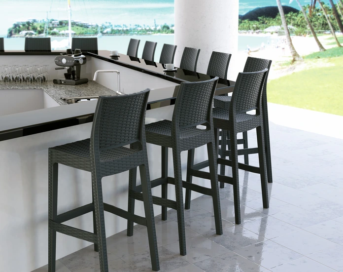 Set de 4 scaune de bar Siesta Melrose, plastic ranforsat cu fibra de sticla, aspect wickerwork, rezistente la intemperii si UV, Antracit, 45x51x108 cm