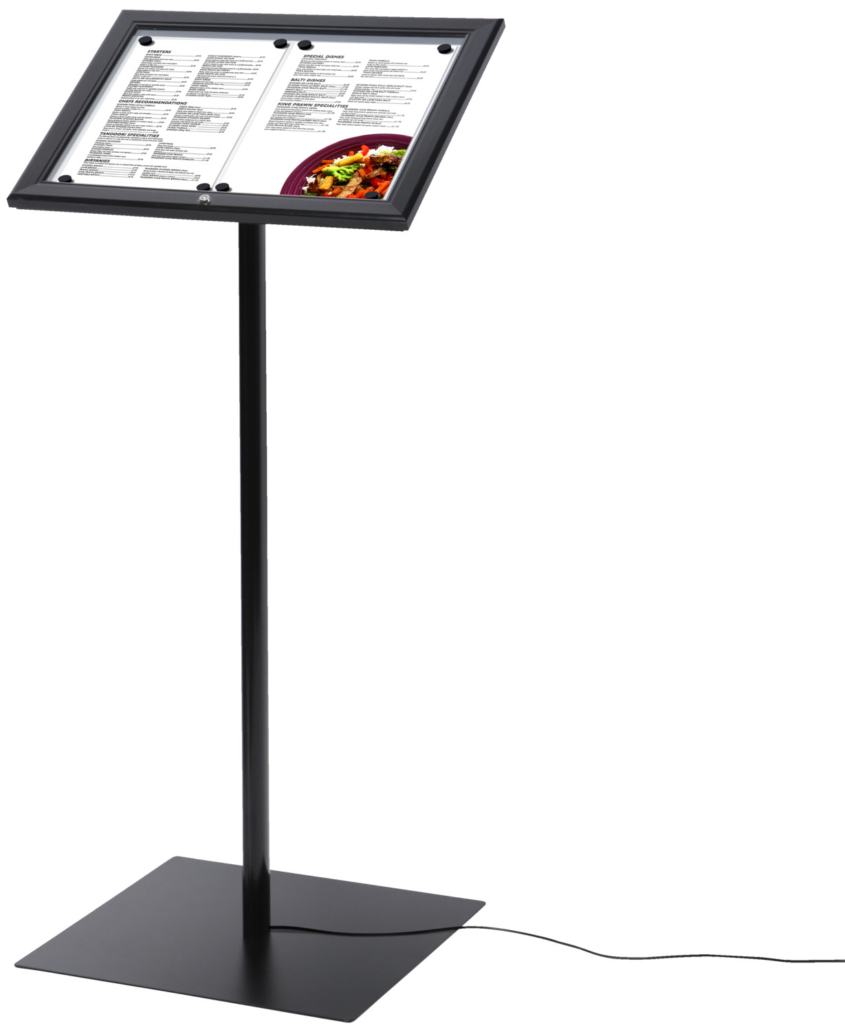 VEGA LUSINI Solutions GmbH Menu stand Corteo 2x A4 Menüpult Corteo 2x DINA4 Menu stand Corteo 2x A4; 51x45x113 cm (WxDxH); anthracite Menüpult Corteo 2x DINA4; 51x45x113 cm (BxTxH); anthrazit Illuminated menu box made of high-quality anodized aluminum with a SAN front panel made of specially hardened acrylic glass. Easy to open and close with a key (included) .Insert sheets are very easy to attach to the magnetic, writable back panel with magnets (preferably order at the same time). Waterproof, extremely weatherproof and durable. Power: 2.4 W, connected load 230 V. Length of the supplied cable: 3.5 m for the menu panel for 2x A4, 5 m for the menu panel for 4x A4, 1.4 m for the menu box. Beleuchtbarer Menükasten aus hochwertigem eloxiertem Aluminium mit einer SAN-Frontscheibe aus speziell gehärtetem Acrylglas. Einfaches Öffnen und Schließen durch Schlüssel (im Lieferumfang enthalten). Einlegeblätter können sehr einfach mit Magneten an der magnethaftenden, beschreibbaren Rückwand befestigt werden. Für den geschützten Außenbereich geeignet. Leistung: 2,4 W, Anschlusswert 230 V. Länge des mitgelieferten Kabels: 3,5 m bei Menüpult für 2x DIN A4, 5 m beim Menüpult für 4x DIN A4, 1,4 m beim Menükasten.