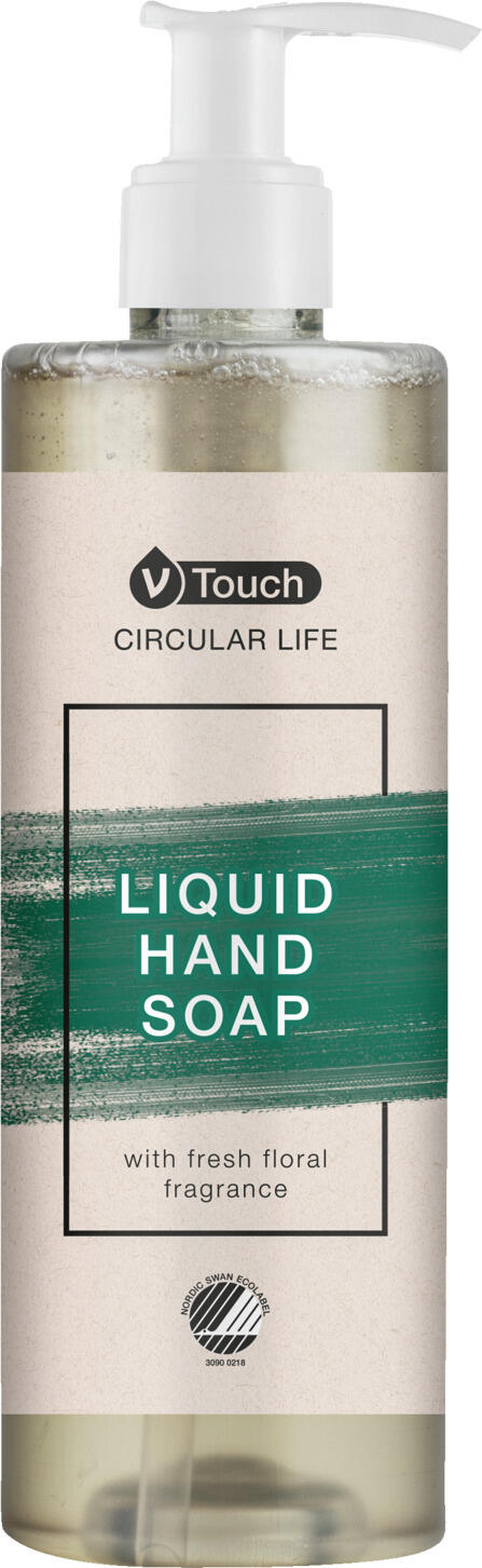 V-Touch LUSINI Solutions GmbH Hotel liquid soap Circular Life pump dispenser Hotel Flüssigseife Circular Life Pumpspender Hotel liquid soap Circular Life pump dispenser; 380 ml; transparent; 18 piece / pack Hotel Flüssigseife Circular Life Pumpspender; 380 ml; transparent; 18 Stück / Pack Delicately scented liquid hand soap from V-Touch Circular Life awarded the Nordic Swan Ecolabel. Based on mild, nourishing and environmentally friendly ingredients that gently and effectively cleanse the skin. The dermatologically tested cleansing formula with soothing active ingredients washes the skin thoroughly and leaves it feeling soft and comfortable. The fresh, floral fragrance with a woody note ensures a gentle and relaxing skin care experience. Dermatologically tested and pH-neutral! The pump dispenser also fulfils high environmental standards: reduces the amount of daily disposable waste. The use of plastic is also significantly reduced as the plastic is very light and fully recyclable. The entire packaging is 100 % recyclable. Pump dispenser capacity: 380 ml. Order matching holder separately. Zart duftende flüssige Handseife von V-Touch Circular Life mit dem Nordic Swan Ecolabel ausgezeichnet. Basiert auf milden, pflegenden und umweltfreundlichen Inhaltsstoffen, die die Haut sanft und effektiv reinigen. Die dermatologisch geprüfte Reinigungsformel mit beruhigenden Wirkstoffen wäscht die Haut gründlich und hinterlässt ein weiches und angenehmes Hautgefühl. Der frische, blumige Duft mit einer holzigen Note sorgt für ein zartes und entspannendes Pflegeerlebnis. Dermatologisch getestet und pH-neutral! Der  Pumpspender erfüllt auch hohe Umweltstandards: reduziert die Menge des täglichen Einwegabfalls. Auch die Verwendung von Kunststoff wird deutlich reduziert, da der Kunststoff sehr leicht und vollständig recycelbar ist. Die gesamte Verpackung ist zu 100 % recycelbar. Pumpspender Inhalt: 380 ml. Passende Halterung separat dazu bestellen.