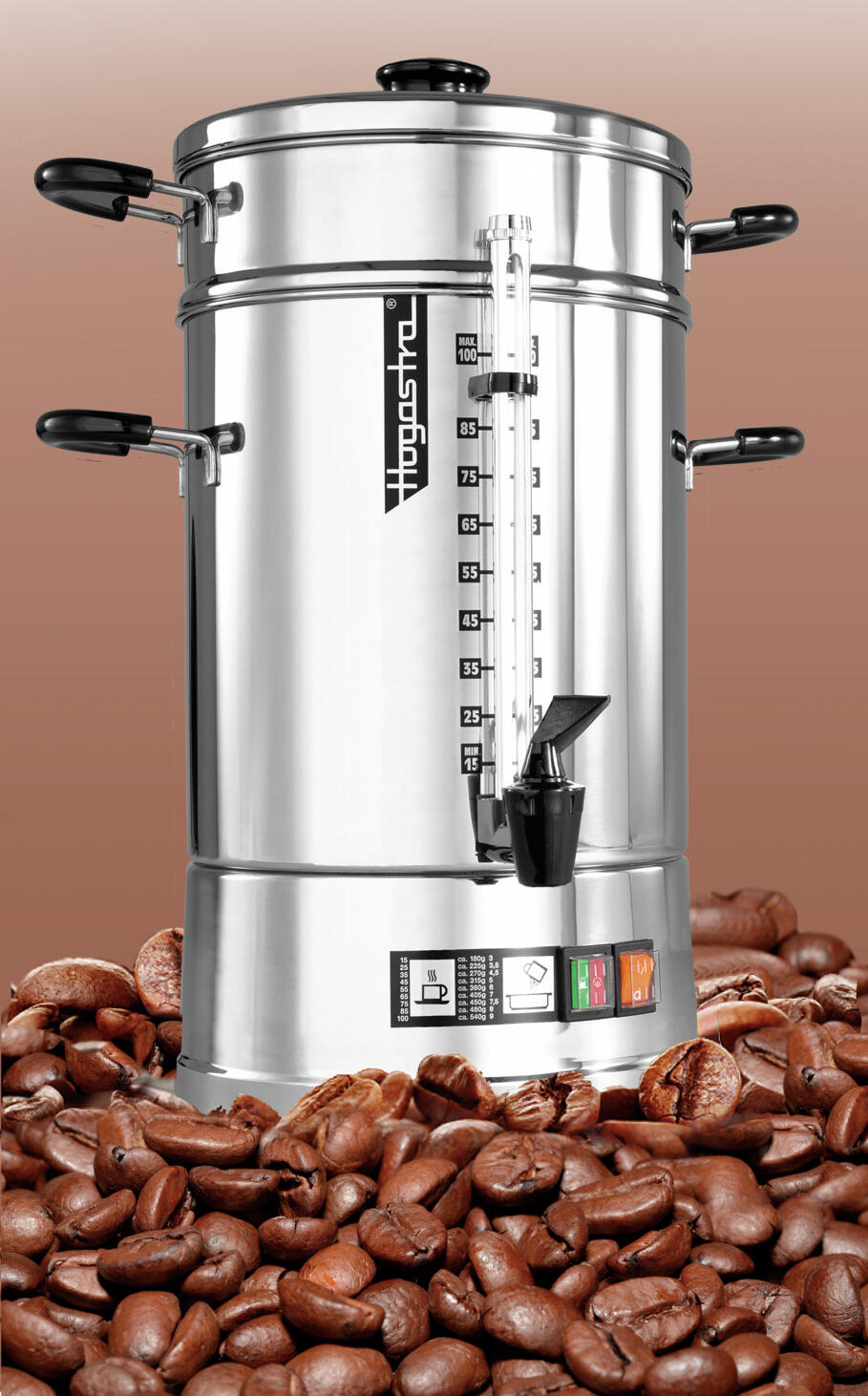 Aparat de cafea profesional Hogastra CNS-100 din otel inoxidabil, capacitate 12.5L, 100 de cani, robinet anti-picurare, protectie boil-dry, Made in Germany