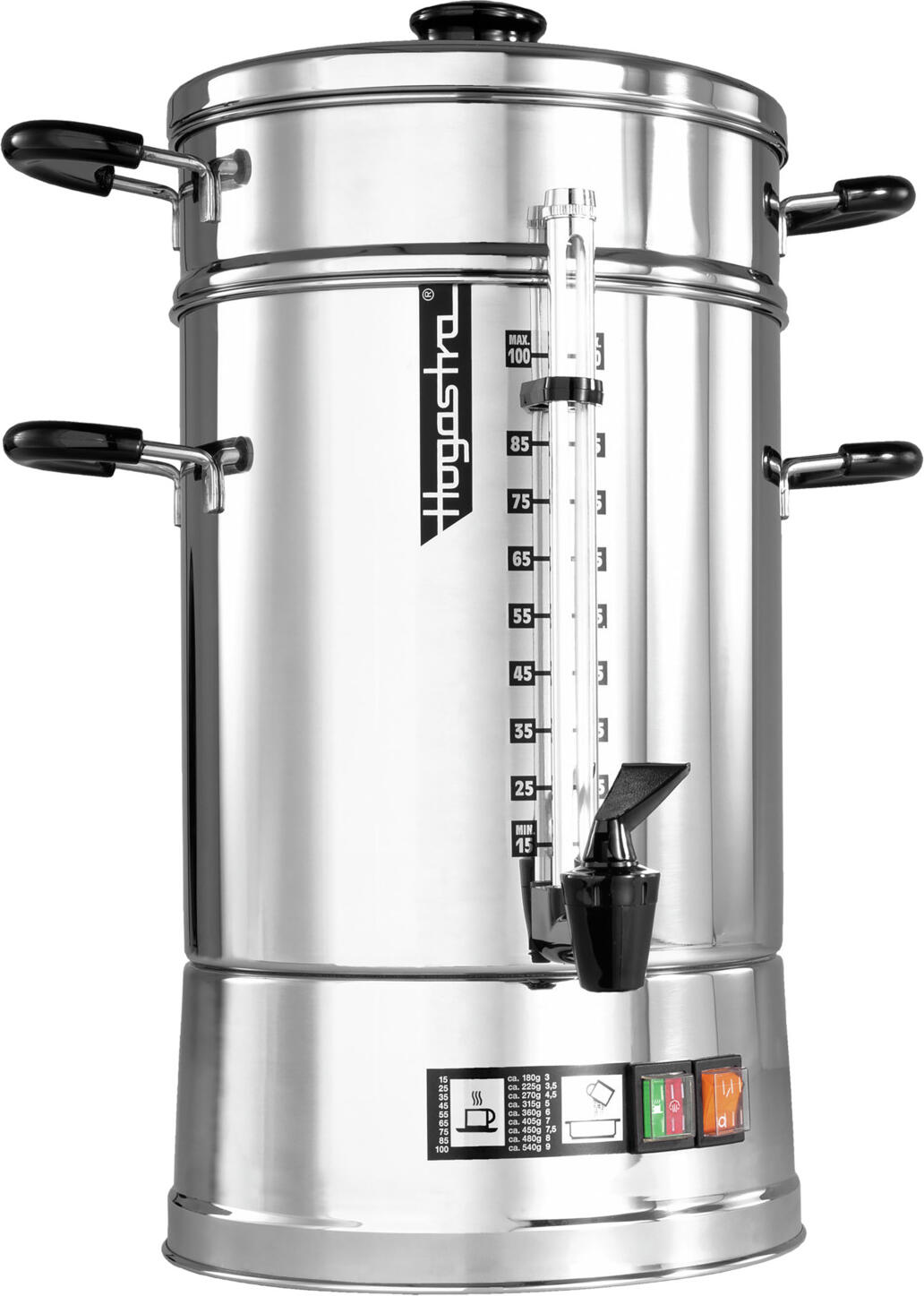 Hogastra Hogastra GmbH Coffee machine CNS-100 Kaffee-Automat CNS-100 Coffee machine CNS-100; 12.5 l, 26x53 cm (ØxH); silver/black Kaffee-Automat CNS-100; 12.5 l, 26x53 cm (ØxH); silber/schwarz Stainless steel coffee brewer CNS 100 for gastronomy & catering - maintenance-free, robust & aromatic Discover the perfect combination of traditional brewing skills and modern durability! Our professional CNS 100 stainless steel coffee brewer has been specially developed for use in commercial kitchens, restaurants, bakeries and catering businesses - for full coffee enjoyment, simple operation and maximum reliability. High quality - for perfect coffee enjoyment The traditional brewing method at 95 °C without pressure build-up guarantees a full, round flavour - just like hand-brewed coffee. Thanks to the constant heat retention temperature of approx. 83 °C, the coffee remains fresh and aromatic for hours - ideal for continuous serving. The CNS 100 is specified for a coffee volume of 2.0 - 12.5 litres. The brewing time for 100 cups is approx. 50 minutes. * Seamless, polished stainless steel containers - hygienic, easy to clean and extremely robust. * Maintenance-free: no expensive follow-up costs, no sensitive electronics. * Stable stainless steel base with insulated handles for maximum safety. * Separate heating elements for brewing and keeping warm - efficient and energy-saving. Practical details that make the difference * Double function: brewing and keeping warm in one appliance. * Non-drip tap with level glass - easy to read the remaining quantity. * Internal water level indicator - convenient filling. * Stainless steel top filter with micro-fine filter disc - no filter paper required! * Automatic boil-dry protection and safety thermal limit switch for worry-free operation. * Splash-proof, GS and CE certified - approved for professional commercial kitchen use. * 2-year guarantee and 10-year spare parts supply via our central service centre. Flexible & mobile Thanks to its robust construction and splash-proof design, the coffee brewer can also be used outdoors - perfect for events, buffets or catering. Advantages at a glance: * Maintenance-free & durable * Brewing and keep-warm function in one appliance * No filter papers required * Ideal for gastronomy, commercial kitchens & catering * Safe and mobile Edelstahl-Kaffeebrüher CNS 100 für Gastronomie & Catering – wartungsfrei, robust & aromastark Entdecken Sie die perfekte Kombination aus traditioneller Brühkunst und moderner Langlebigkeit! Unser professioneller Edelstahl-Kaffeebrüher CNS 100 wurde speziell für den Einsatz in Großküchen, Gastronomie, Bäckereien und Cateringbetrieben entwickelt – für vollen Kaffeegenuss, einfache Bedienung und höchste Zuverlässigkeit. Hochwertige Qualität – für perfekten Kaffeegenuss Die traditionelle Brühweise bei 95 °C ohne Druckaufbau garantiert ein volles, rundes Aroma – ganz wie handgebrüht. Dank der konstanten Warmhaltetemperatur von ca. 83 °C bleibt der Kaffee über Stunden hinweg frisch und aromatisch – ideal für den durchgehenden Ausschank. Der CNS 100 ist für ein Kaffeevolumen von 2,0- 12,5 Liter angegeben. Die Brühzeit beträgt für 100 Tassen ca. 50 Minuten. * Nahtlos gezogene, polierte Edelstahl-Behälter – hygienisch, pflegeleicht und extrem robust. * Wartungsfrei: Keine teuren Folgekosten, keine empfindliche Elektronik. * Standsicherer Gerätesockel aus Edelstahl mit isolierten Griffen für maximale Sicherheit. * Separate Heizelemente für Brühen und Warmhalten – effizient und energiesparend. Praktische Details, die den Unterschied machen * Doppelfunktion: Brühen und Warmhalten in einem Gerät. * Non-Drip-Hahn mit Pegelglas – leichtes Ablesen der Restmenge. * Innenliegende Wasserstandsanzeige – komfortables Befüllen. * Edelstahl-Aufsatzfilter mit Micro-Feinfilterscheibe – kein Filterpapier nötig! * Automatischer Trockengehschutz und Sicherheits-Thermoendschalter für sorgenfreien Betrieb. * Spritzwassergeschützt, GS- und CE-zertifiziert – zugelassen für den professionellen Großkücheneinsatz. * 2 Jahre Garantie und 10 Jahre Ersatzteilversorgung über unseren Zentral-Service. Flexibel & mobil Dank der robusten Bauweise und der spritzwassergeschützten Ausführung ist der Kaffeebrüher auch im Freien einsetzbar – perfekt für Events, Buffets oder Catering. Vorteile auf einen Blick: * Wartungsfrei & langlebig * Brüh- und Warmhaltefunktion in einem Gerät * Keine Filterpapiere nötig * Ideal für Gastronomie, Großküche & Catering * Sicher und mobil