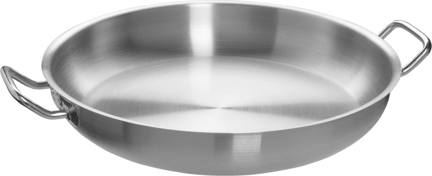VEGA LUSINI Solutions GmbH Frying pan Professional uncoated Bratpfanne Professional unbeschichtet Frying pan Professional uncoated; 38x7 cm (ØxH); silver; round Bratpfanne Professional unbeschichtet; 38x7 cm (ØxH); silber; rund Matt brushed frying pan made of 18/10 chrome-nickel stainless steel. Pouring rim. Spot-welded, solid handles and thick stainless steel base with 6 mm aluminum in sandwich technique. Suitable for all hob types. Supplied without lid. Suitable for dishwasher. Matt gebürstete Bratpfanne aus Chrom-Nickel-Edelstahl 18/10, rostfrei. Schüttrand. Punktgeschweißte, massive Griffe und dicker Edelstahlboden mit 6 mm Aluminium in Sandwich-Technik. Geeignet für alle Herdarten. Lieferung ohne Deckel. Spülmaschinengeeignet.