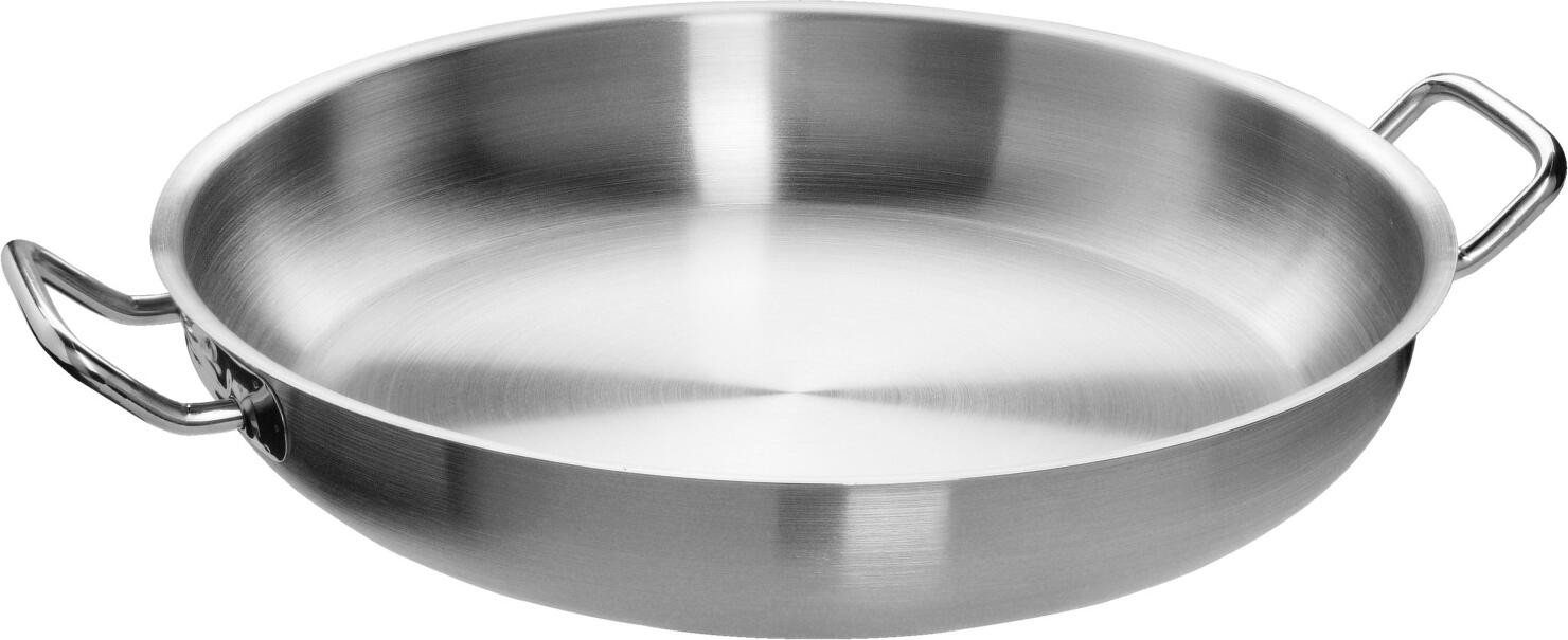 VEGA LUSINI Solutions GmbH Frying pan Professional uncoated Bratpfanne Professional unbeschichtet Frying pan Professional uncoated; 42x7.5 cm (ØxH); silver; round Bratpfanne Professional unbeschichtet; 42x7.5 cm (ØxH); silber; rund Matt brushed frying pan made of 18/10 chrome-nickel stainless steel. Pouring rim. Spot-welded, solid handles and thick stainless steel base with 6 mm aluminum in sandwich technique. Suitable for all hob types. Supplied without lid. Suitable for dishwasher. Matt gebürstete Bratpfanne aus Chrom-Nickel-Edelstahl 18/10, rostfrei. Schüttrand. Punktgeschweißte, massive Griffe und dicker Edelstahlboden mit 6 mm Aluminium in Sandwich-Technik. Geeignet für alle Herdarten. Lieferung ohne Deckel. Spülmaschinengeeignet.
