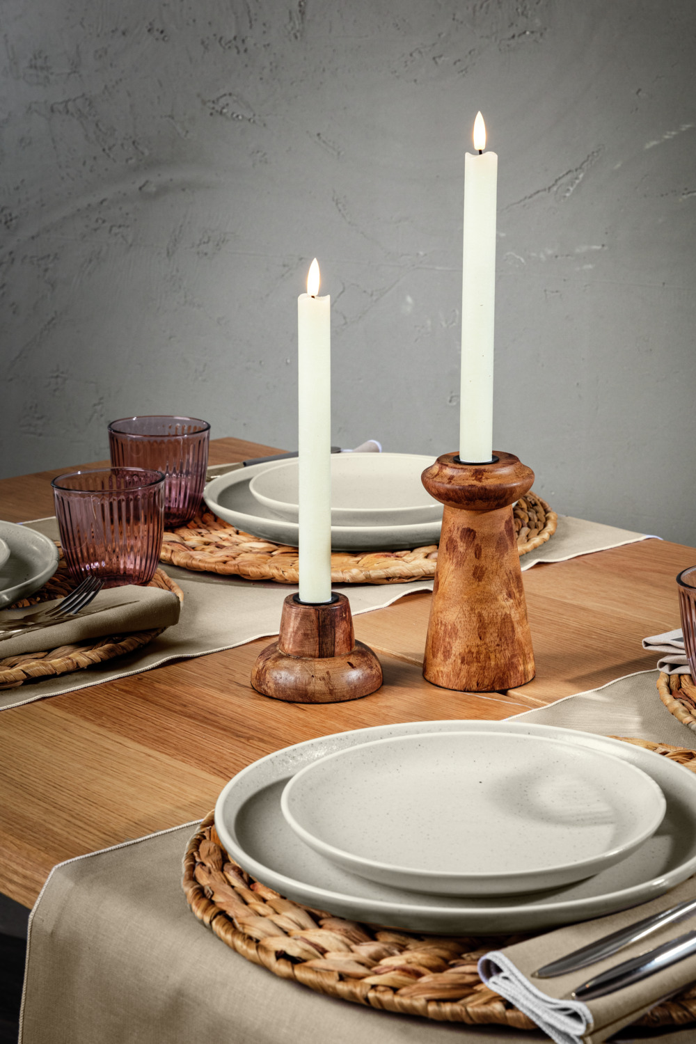 Vega Maris Taper Candle Holder, Natural Wood, Brown, 15 cm Height, 7 cm Diameter, Unique Wood Grain Design