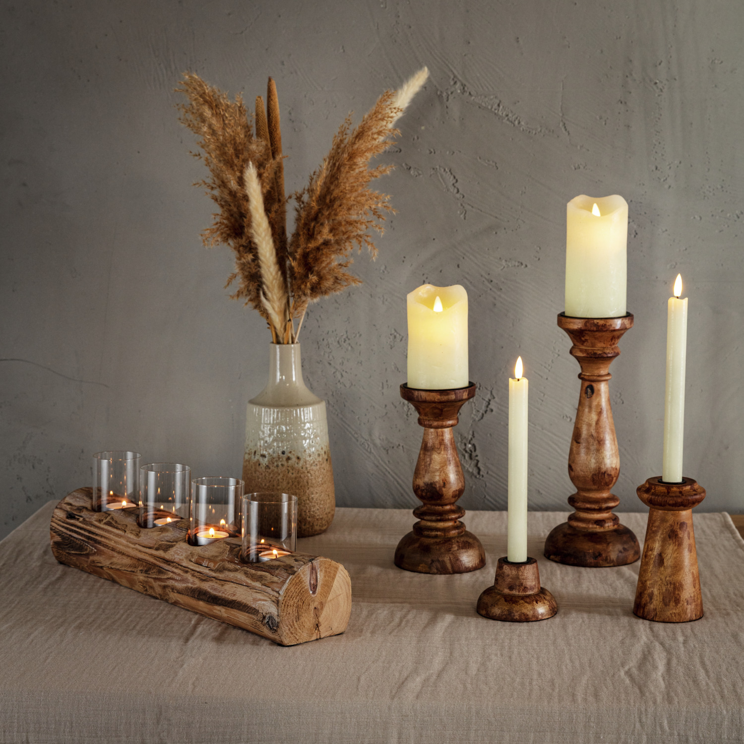 Vega Maris Taper Candle Holder, Natural Wood, Brown, 15 cm Height, 7 cm Diameter, Unique Wood Grain Design