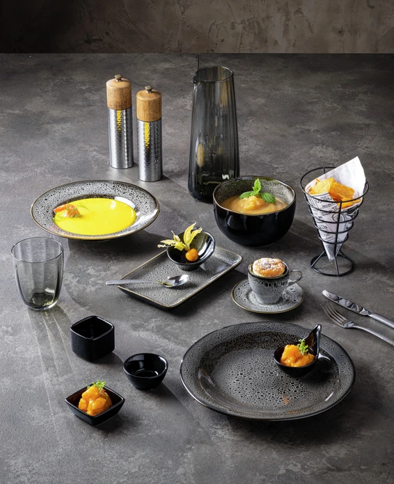 VEGA Nano Stoneware Bowl Set of 6, 950 ml, 15 cm Diameter, Black Reactive Glaze, Irregular Edges, Microwave and Dishwasher Safe